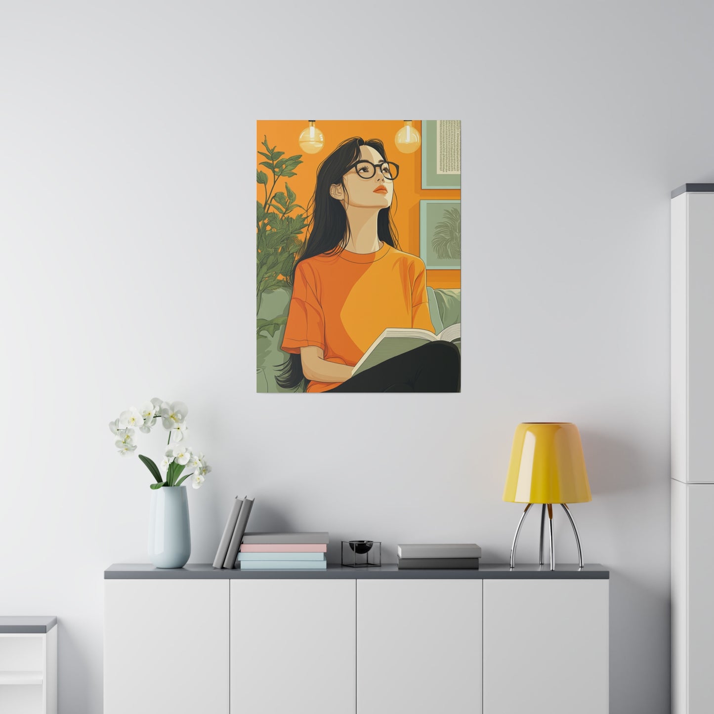 Contemplative Reader: Modern Minimalist Art of a Girl with a Book in Cozy Orange Ambiance Cozy Home Decor Wall Art