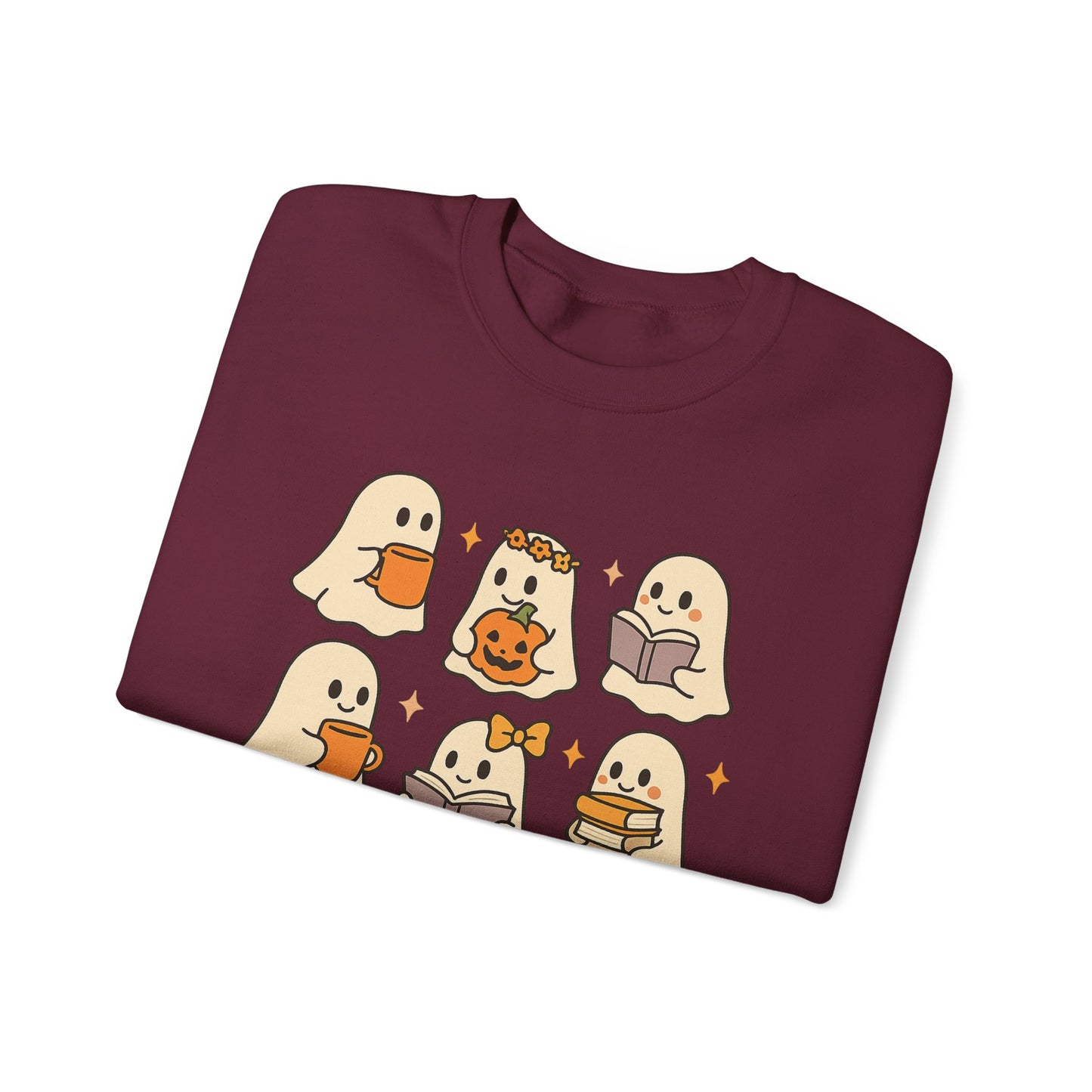 Cute Ghost Unisex Sweatshirt – Cozy Fall & Halloween Crewneck for Book Lovers, Coffee Drinkers & Pumpkin Season
