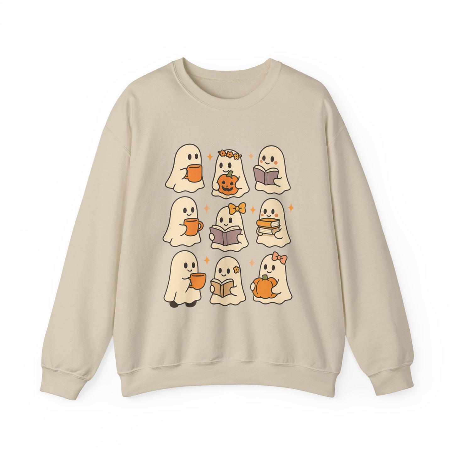Cute Ghost Unisex Sweatshirt – Cozy Fall & Halloween Crewneck for Book Lovers, Coffee Drinkers & Pumpkin Season