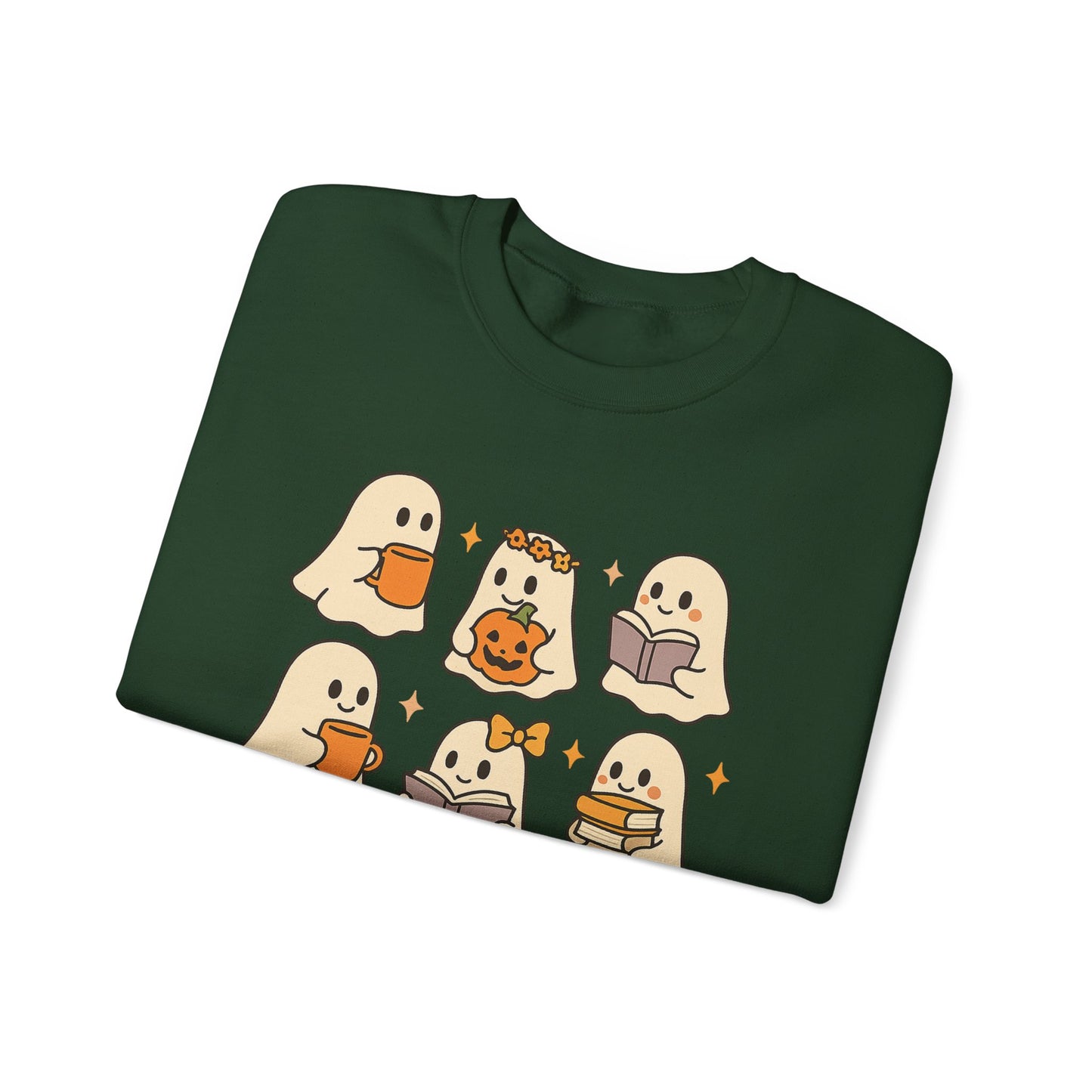 Cute Ghost Unisex Sweatshirt – Cozy Fall & Halloween Crewneck for Book Lovers, Coffee Drinkers & Pumpkin Season