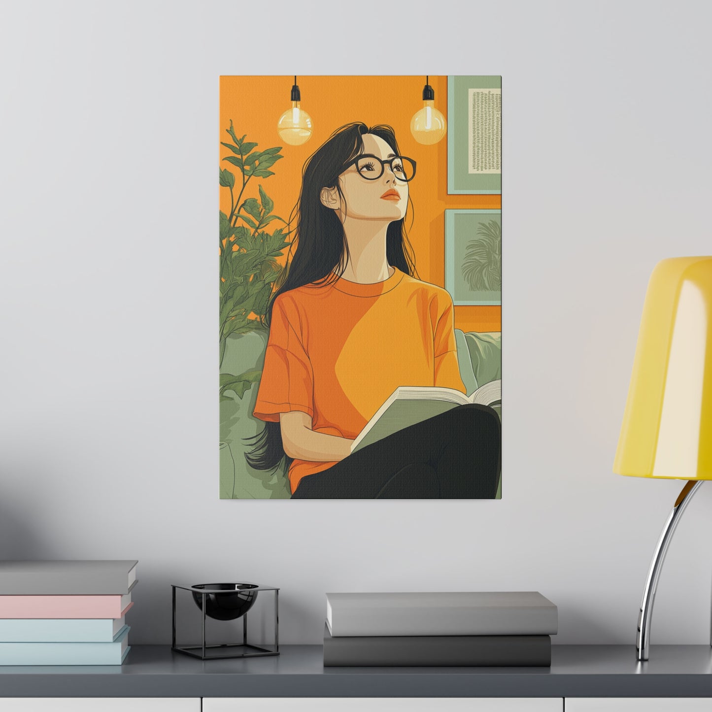 Contemplative Reader: Modern Minimalist Art of a Girl with a Book in Cozy Orange Ambiance Cozy Home Decor Wall Art