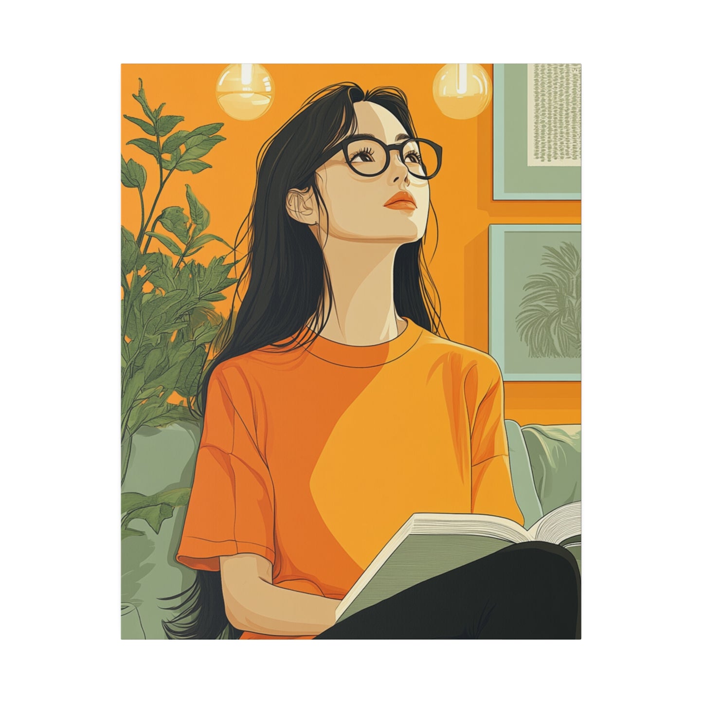 Contemplative Reader: Modern Minimalist Art of a Girl with a Book in Cozy Orange Ambiance Cozy Home Decor Wall Art