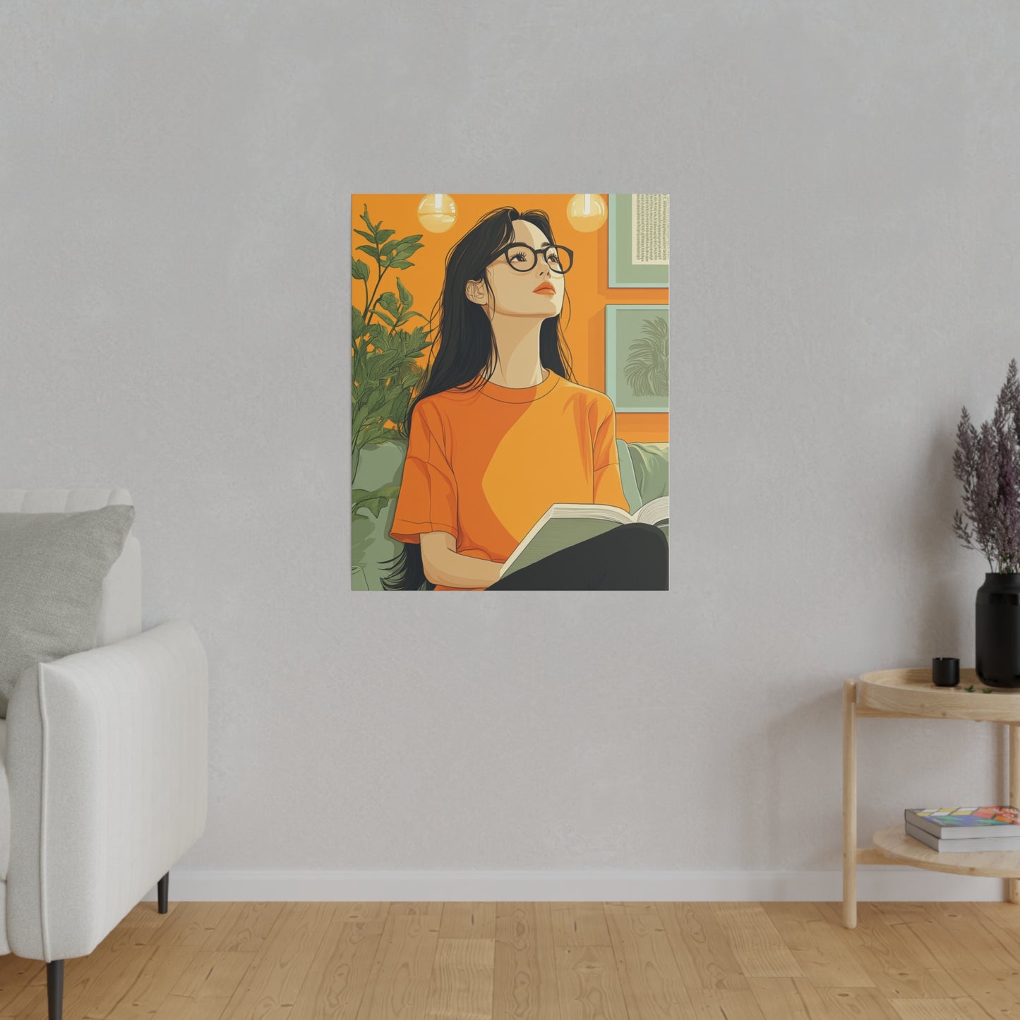 Contemplative Reader: Modern Minimalist Art of a Girl with a Book in Cozy Orange Ambiance Cozy Home Decor Wall Art