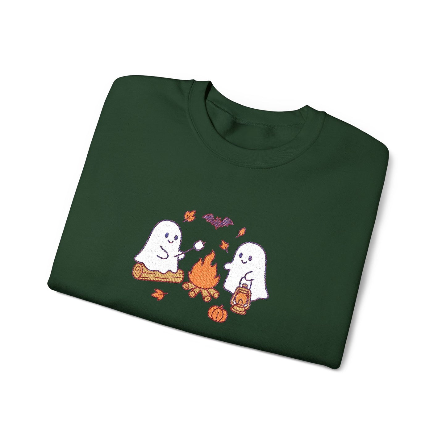 Cute Ghosts Campfire Embroidered Sweatshirt | Cozy Fall Halloween Crewneck | Spooky Season Autumn Pullover for Women & Men