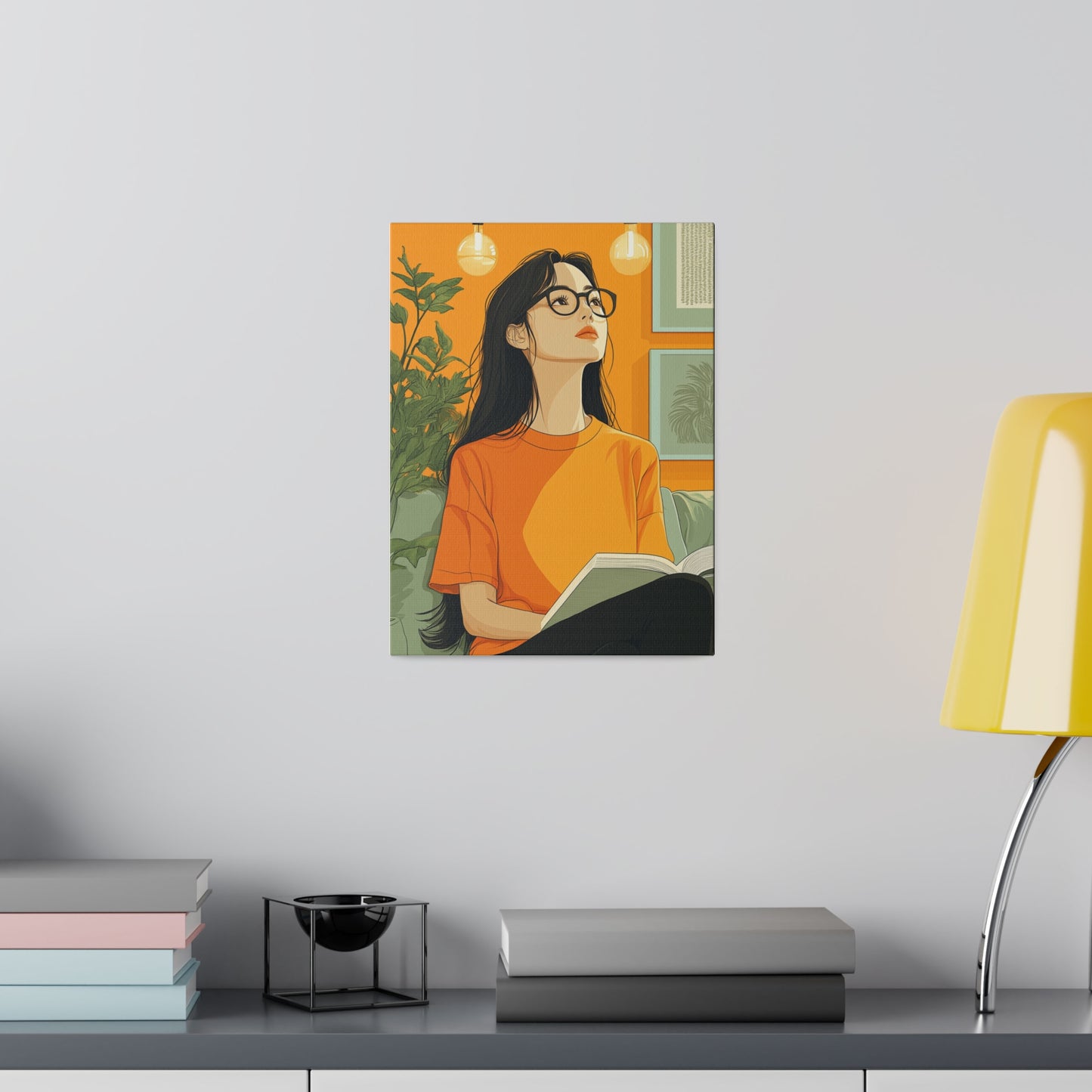 Contemplative Reader: Modern Minimalist Art of a Girl with a Book in Cozy Orange Ambiance Cozy Home Decor Wall Art