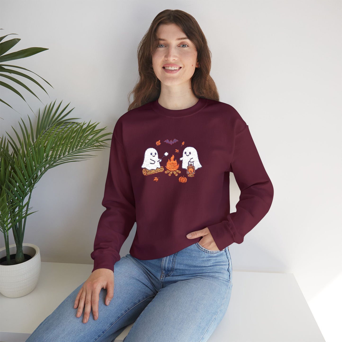 Cute Ghosts Campfire Embroidered Sweatshirt | Cozy Fall Halloween Crewneck | Spooky Season Autumn Pullover for Women & Men