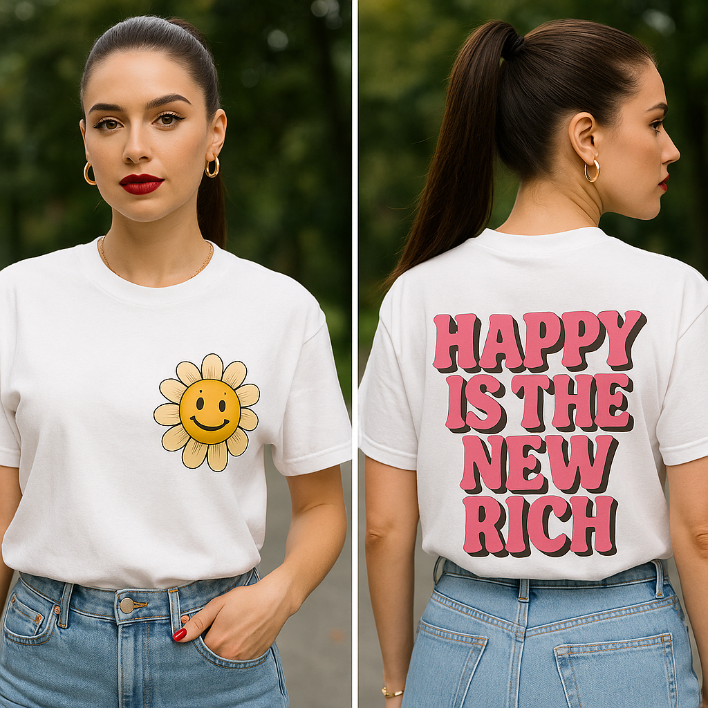 "Happy Is The New Rich T-Shirt β Smiley Face Front & Retro Quote Back | Positive Vibes Tee"