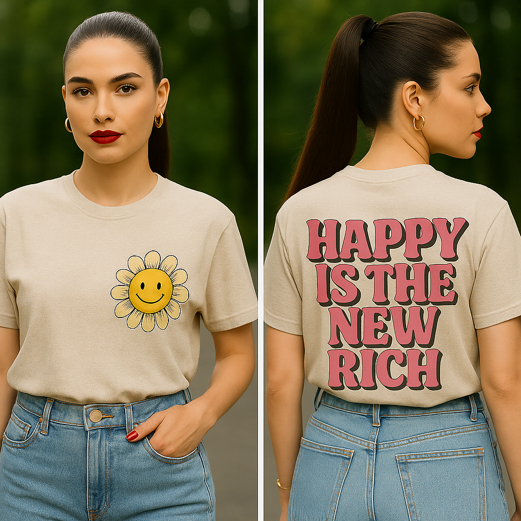 "Happy Is The New Rich T-Shirt β Smiley Face Front & Retro Quote Back | Positive Vibes Tee"