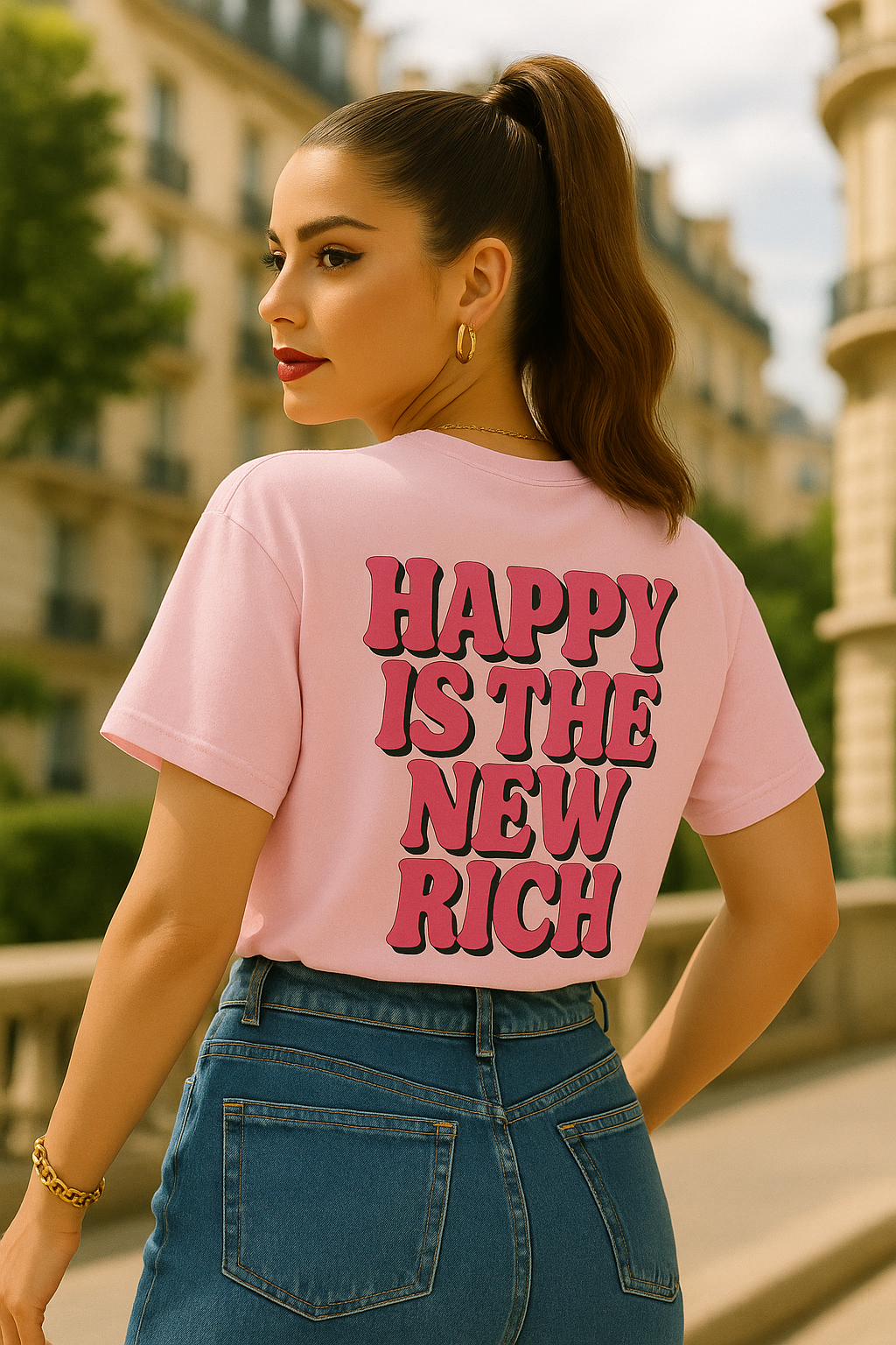 "Happy Is The New Rich T-Shirt β Smiley Face Front & Retro Quote Back | Positive Vibes Tee"