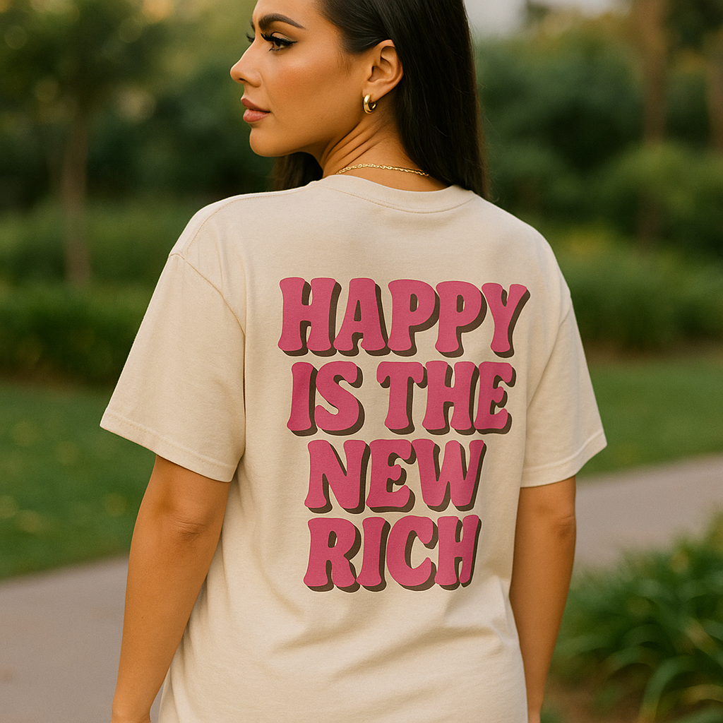 "Happy Is The New Rich T-Shirt β Smiley Face Front & Retro Quote Back | Positive Vibes Tee"