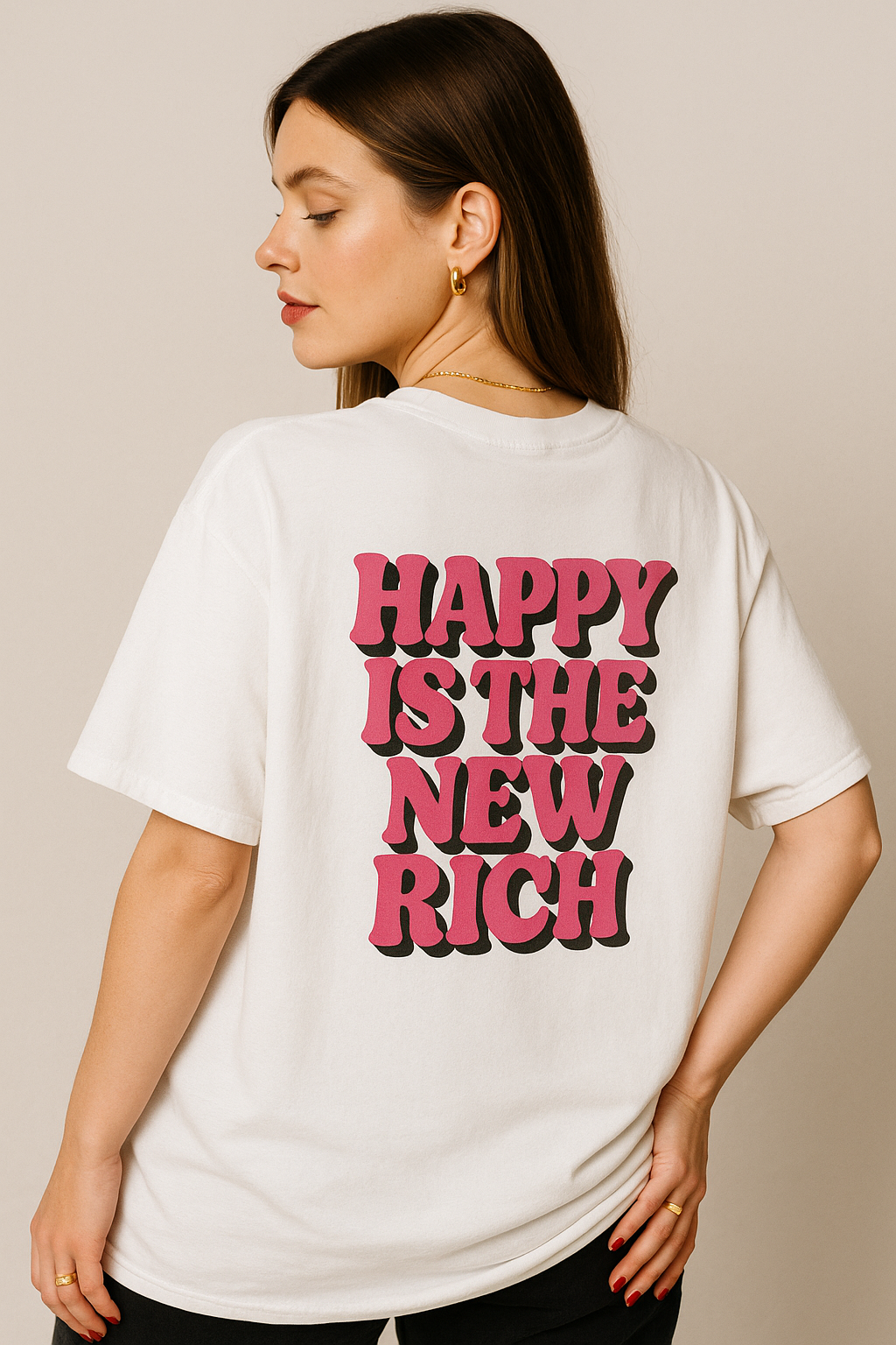 "Happy Is The New Rich T-Shirt β Smiley Face Front & Retro Quote Back | Positive Vibes Tee"