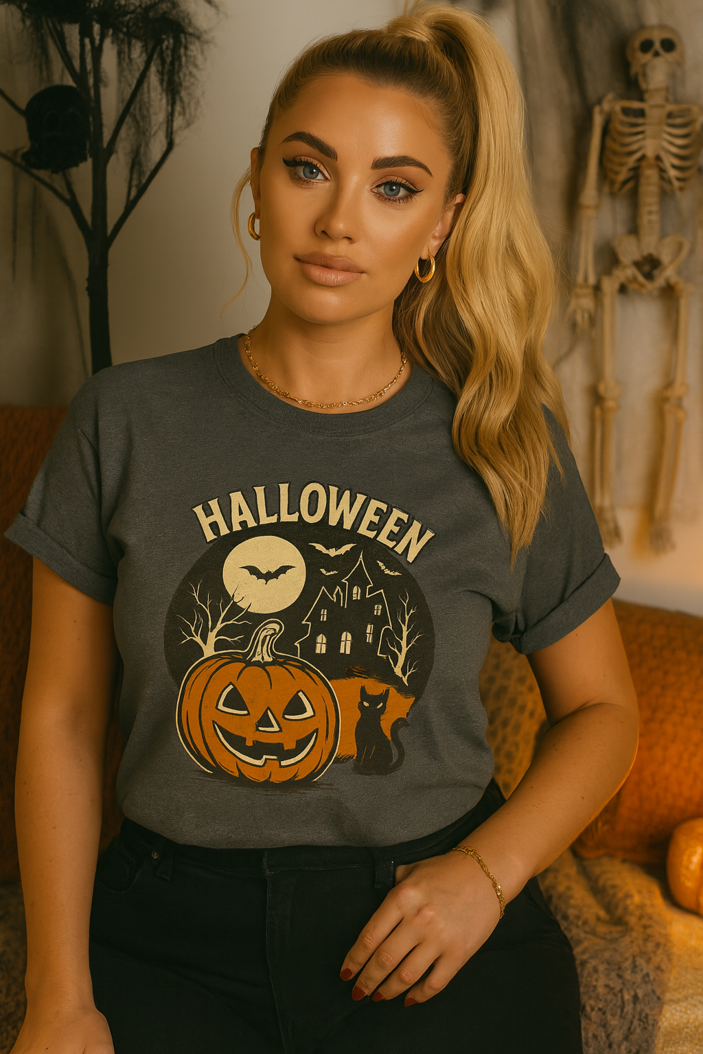 Limited Edition Vintage Halloween Graphic Tee – Retro Pumpkin, Black Cat & Haunted House T-Shirt, Halloween Unisex Tee, Jack-o'-Lantern Shirt, Cute Halloween Apparel, Trick or Treat T-shirt, Fall Festive Wear, Halloween Gifts