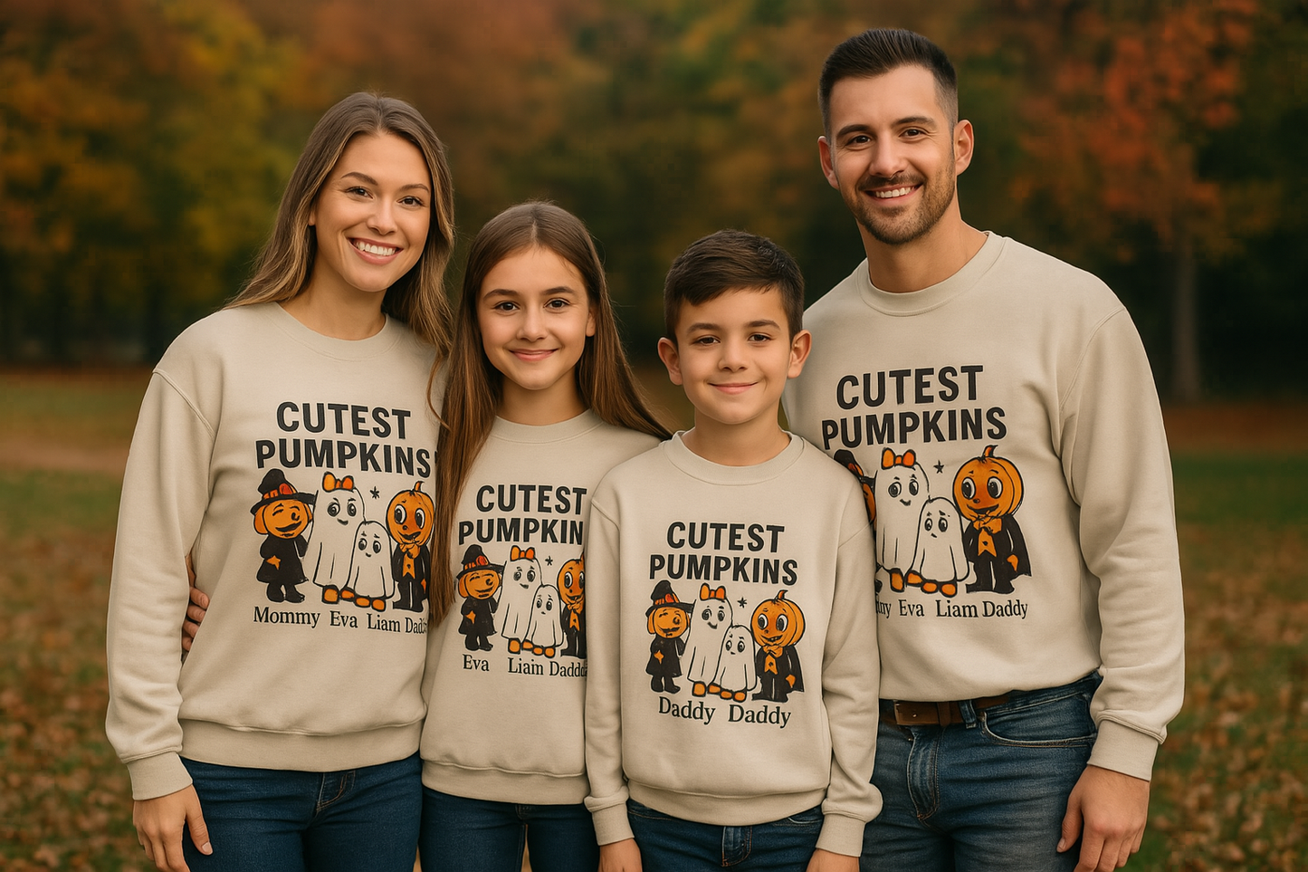 Cutest Pumpkins Halloween Family Sweatshirt, Personalized Matching Fall Ghost Pumpkin Shirts, Mommy Daddy Kids Halloween Outfit