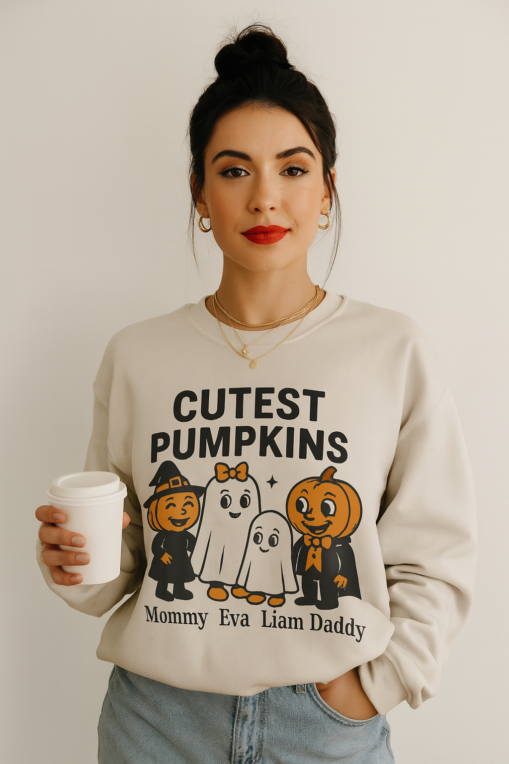 Cutest Pumpkins Halloween Family Sweatshirt, Personalized Matching Fall Ghost Pumpkin Shirts, Mommy Daddy Kids Halloween Outfit