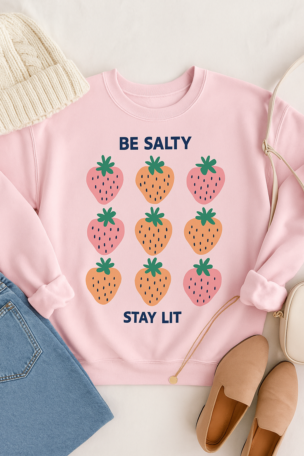 Be Salty Stay Lit Strawberry Sweatshirt – Cute Aesthetic Crewneck for Women | Funny Fruit Graphic Pullover