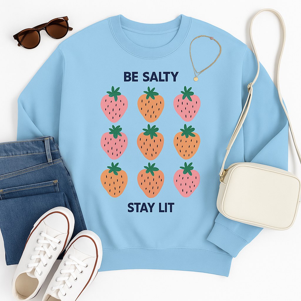 Be Salty Stay Lit Strawberry Sweatshirt – Cute Aesthetic Crewneck for Women | Funny Fruit Graphic Pullover