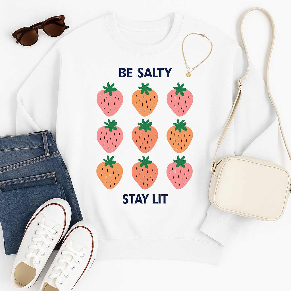 Be Salty Stay Lit Strawberry Sweatshirt – Cute Aesthetic Crewneck for Women | Funny Fruit Graphic Pullover