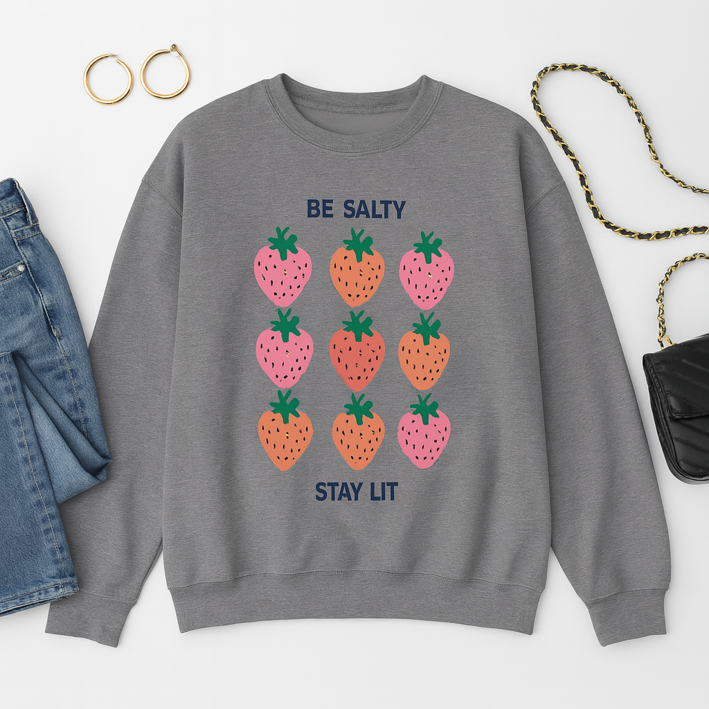 Be Salty Stay Lit Strawberry Sweatshirt – Cute Aesthetic Crewneck for Women | Funny Fruit Graphic Pullover