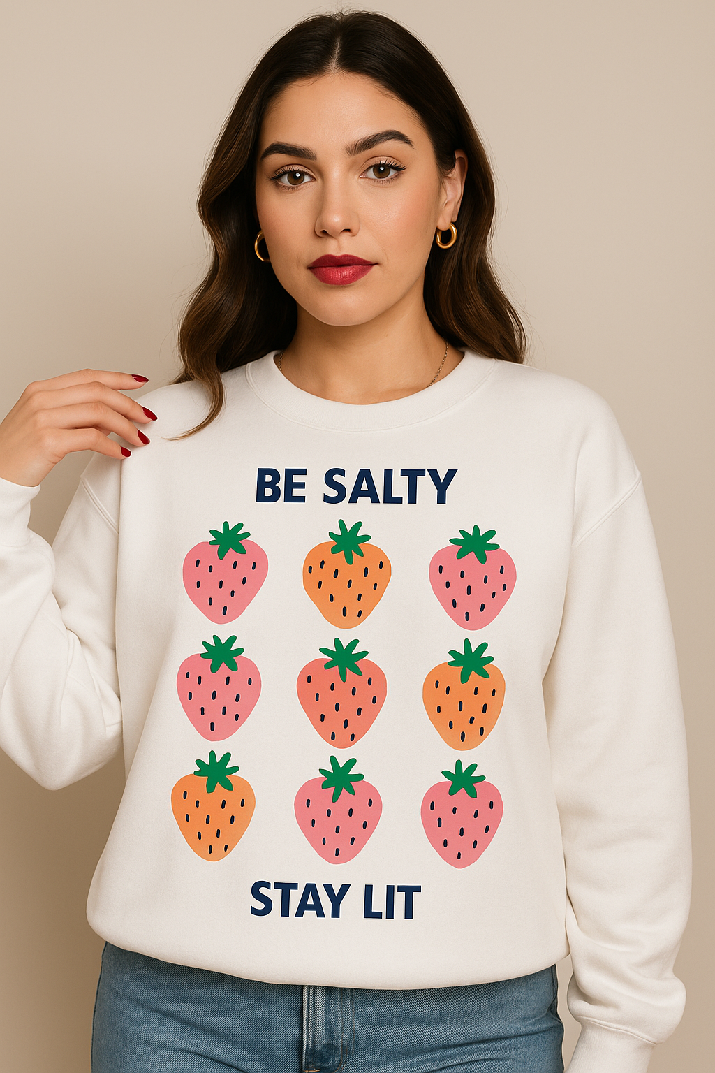 Be Salty Stay Lit Strawberry Sweatshirt – Cute Aesthetic Crewneck for Women | Funny Fruit Graphic Pullover