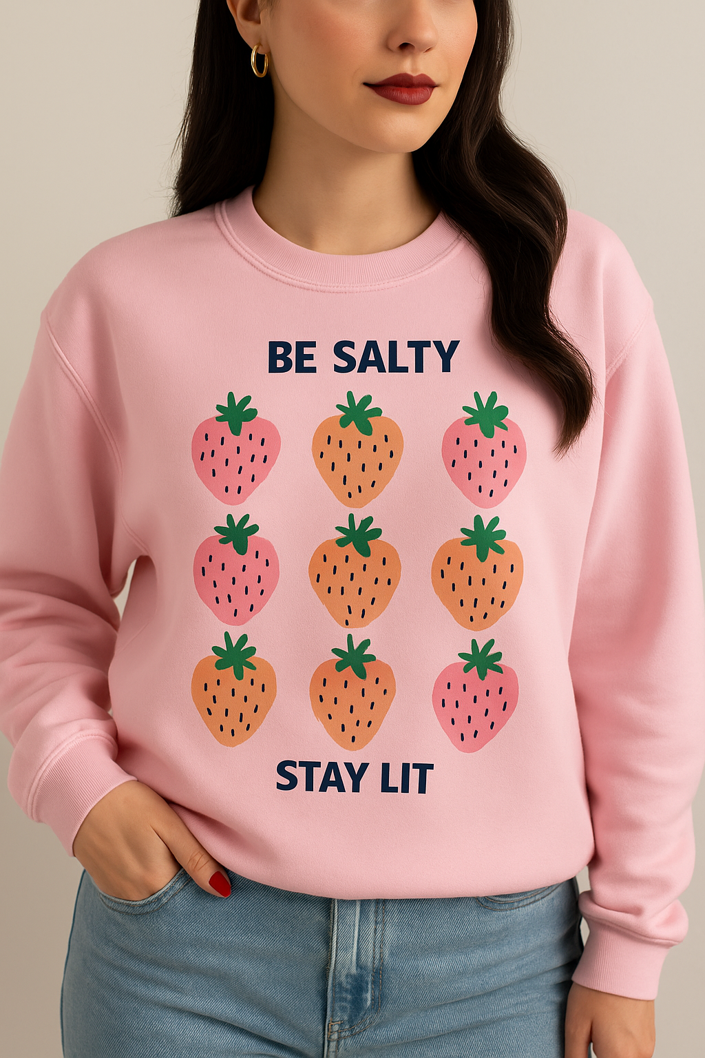 Be Salty Stay Lit Strawberry Sweatshirt – Cute Aesthetic Crewneck for Women | Funny Fruit Graphic Pullover