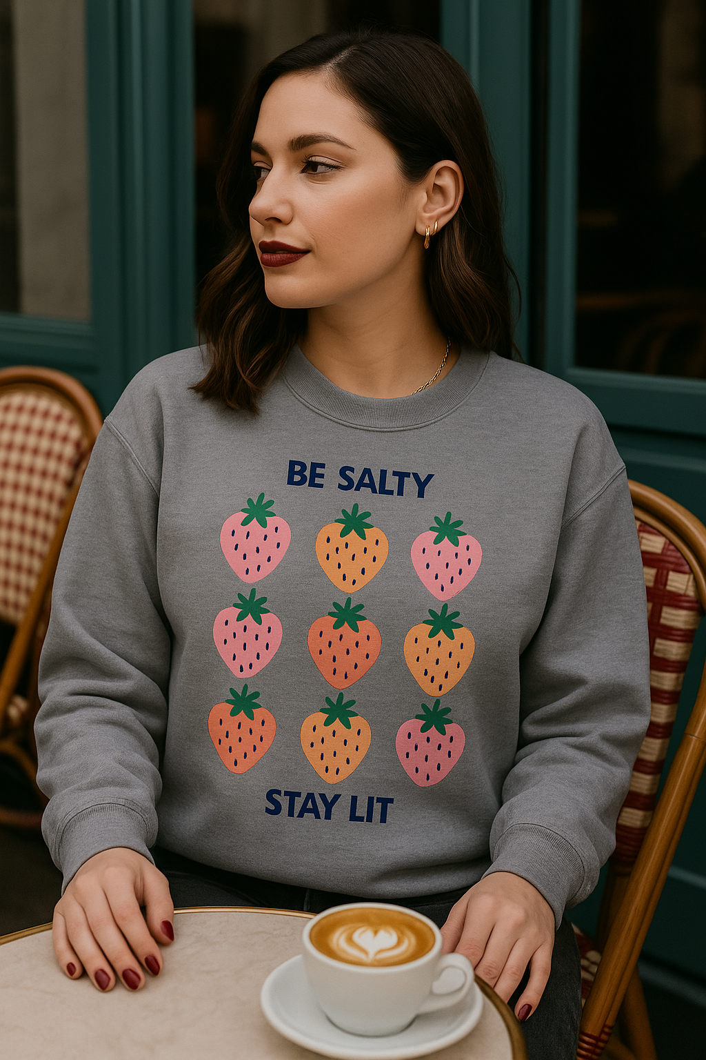 Be Salty Stay Lit Strawberry Sweatshirt – Cute Aesthetic Crewneck for Women | Funny Fruit Graphic Pullover