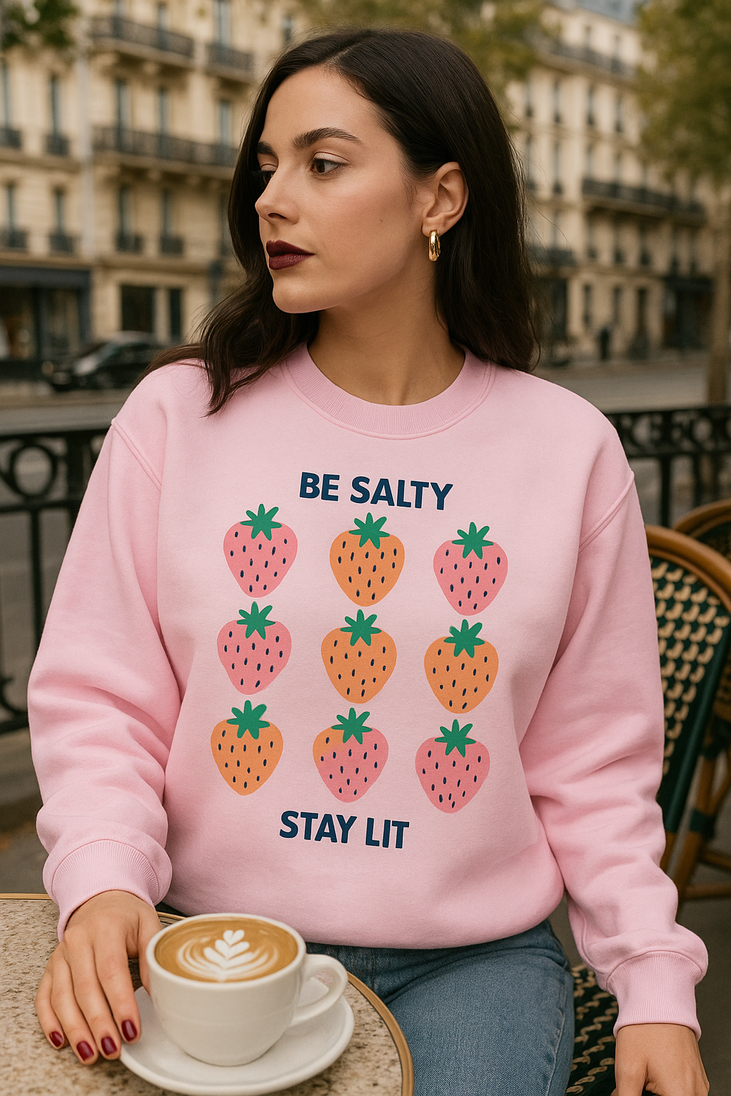 Be Salty Stay Lit Strawberry Sweatshirt – Cute Aesthetic Crewneck for Women | Funny Fruit Graphic Pullover