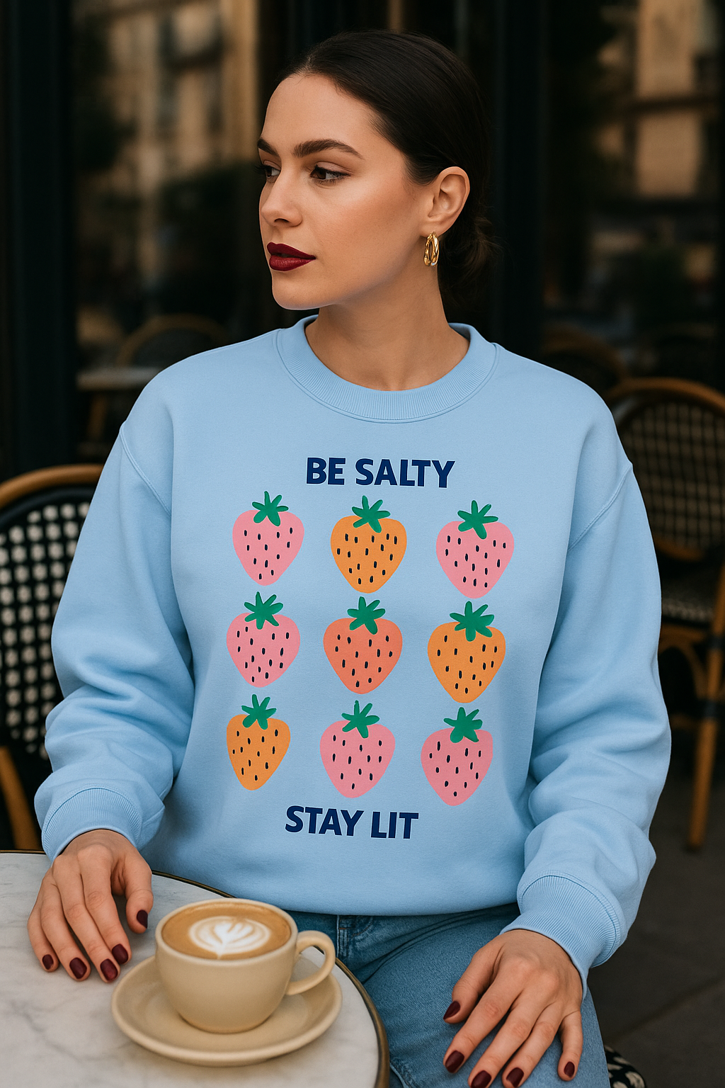 Be Salty Stay Lit Strawberry Sweatshirt – Cute Aesthetic Crewneck for Women | Funny Fruit Graphic Pullover