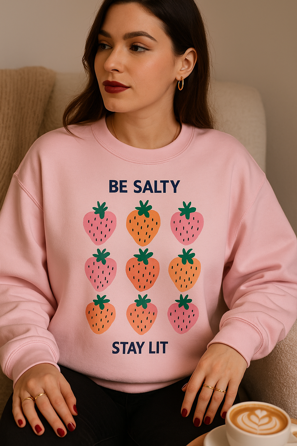 Be Salty Stay Lit Strawberry Sweatshirt – Cute Aesthetic Crewneck for Women | Funny Fruit Graphic Pullover