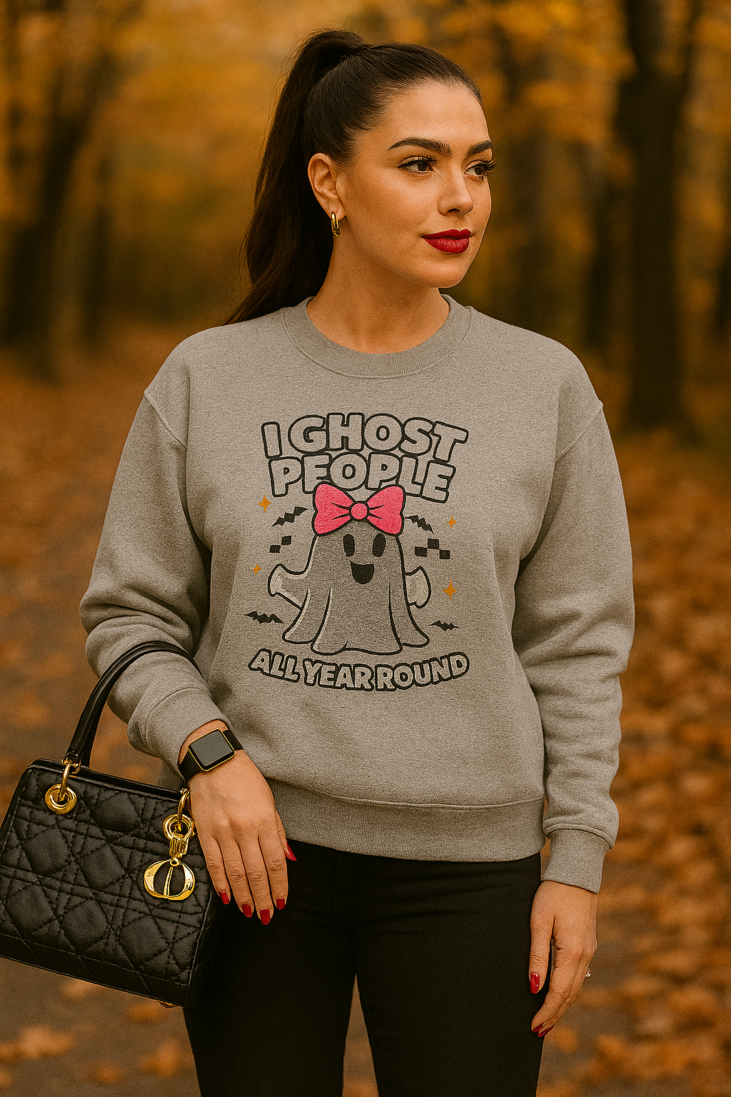 "I Ghost People All Year Round" Funny Halloween Sweatshirt β Cute Spooky Ghost Crewneck for Women β Cozy Fall Graphic Pullover