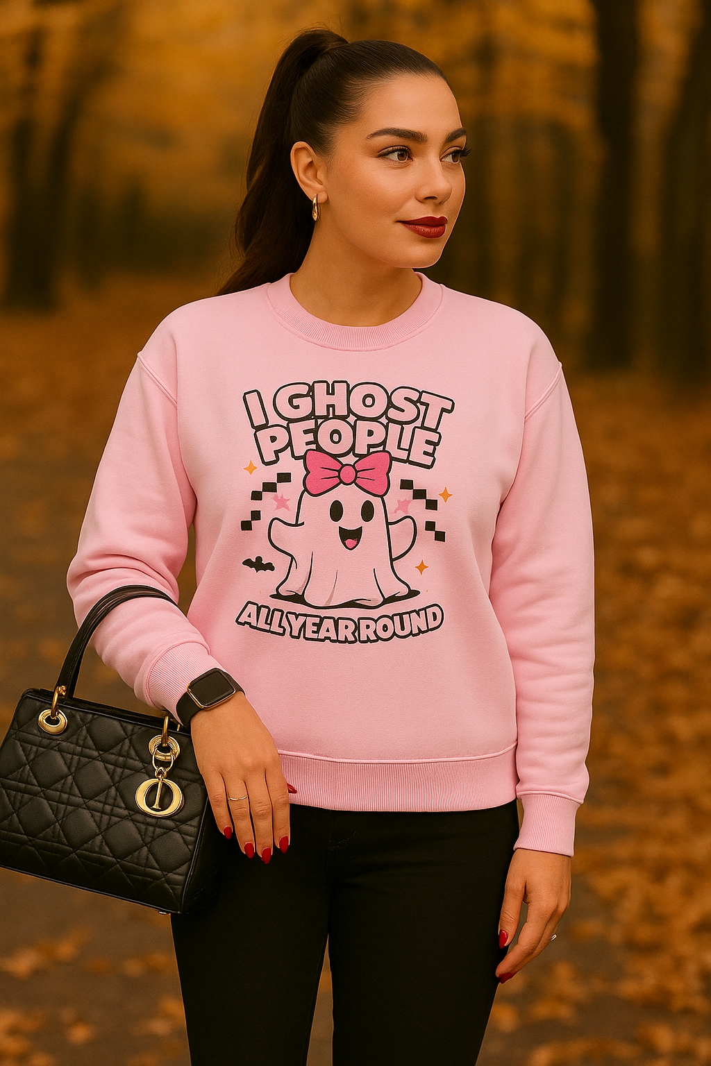"I Ghost People All Year Round" Funny Halloween Sweatshirt β Cute Spooky Ghost Crewneck for Women β Cozy Fall Graphic Pullover