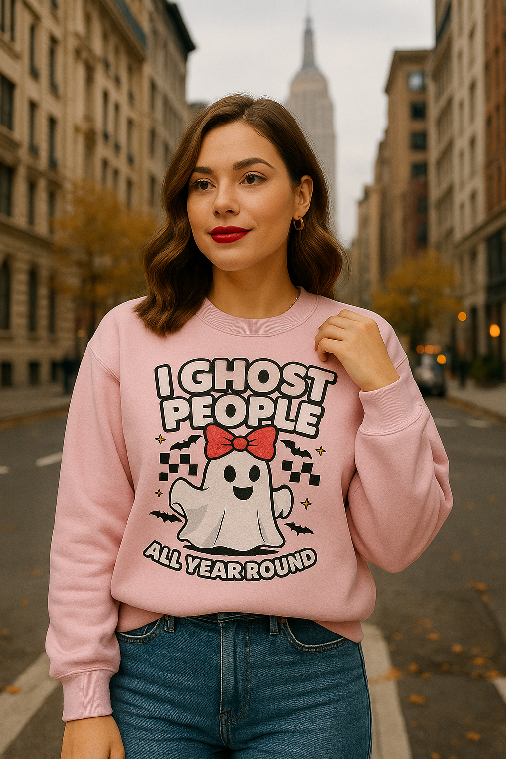 "I Ghost People All Year Round" Funny Halloween Sweatshirt β Cute Spooky Ghost Crewneck for Women β Cozy Fall Graphic Pullover