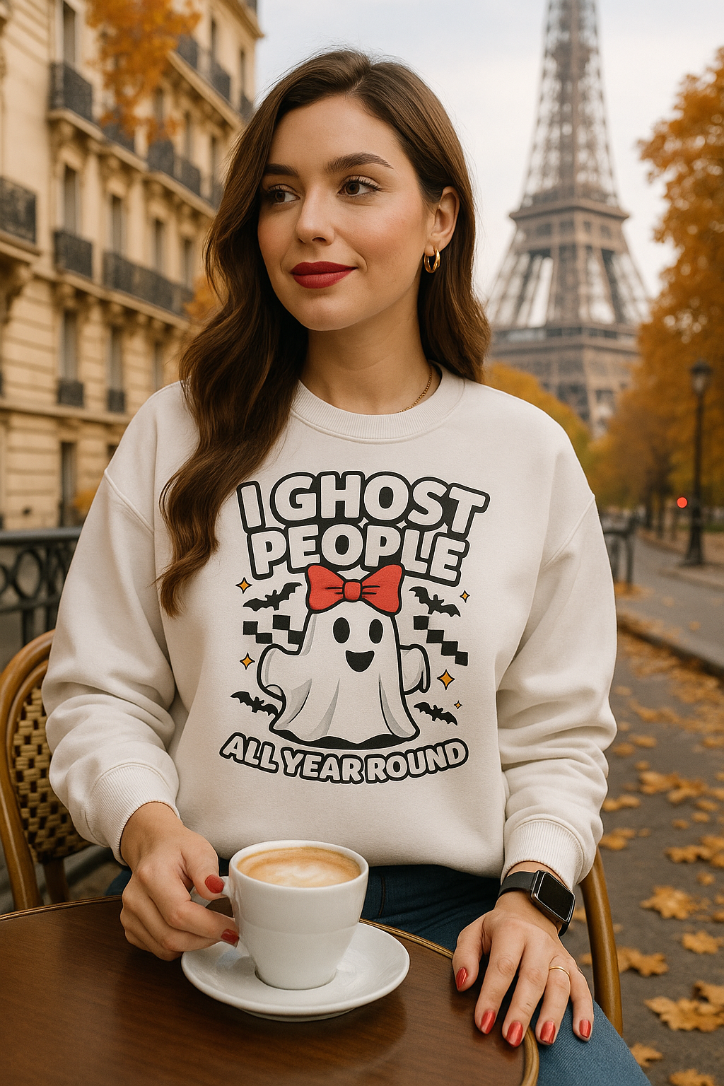 "I Ghost People All Year Round" Funny Halloween Sweatshirt β Cute Spooky Ghost Crewneck for Women β Cozy Fall Graphic Pullover