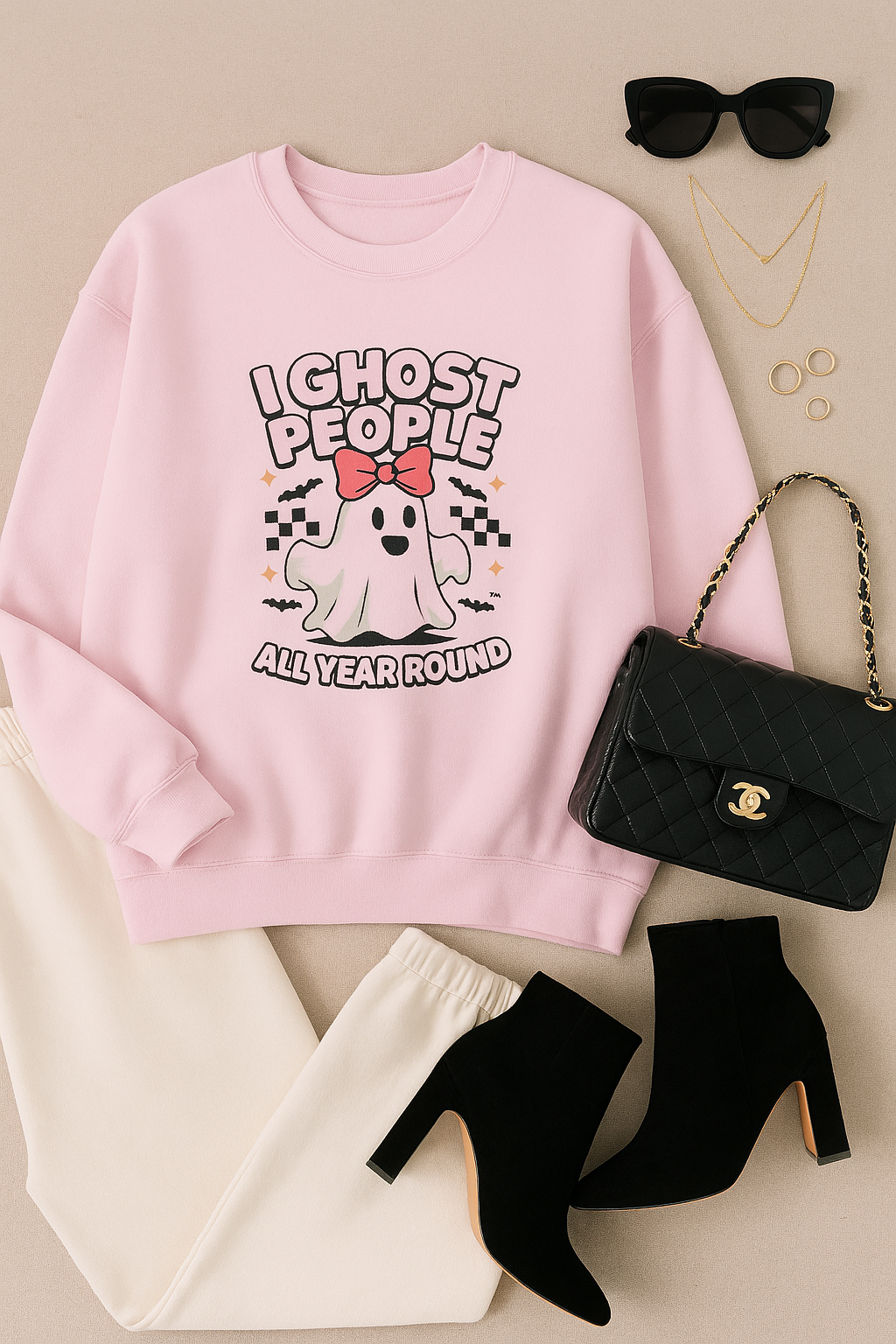 "I Ghost People All Year Round" Funny Halloween Sweatshirt β Cute Spooky Ghost Crewneck for Women β Cozy Fall Graphic Pullover