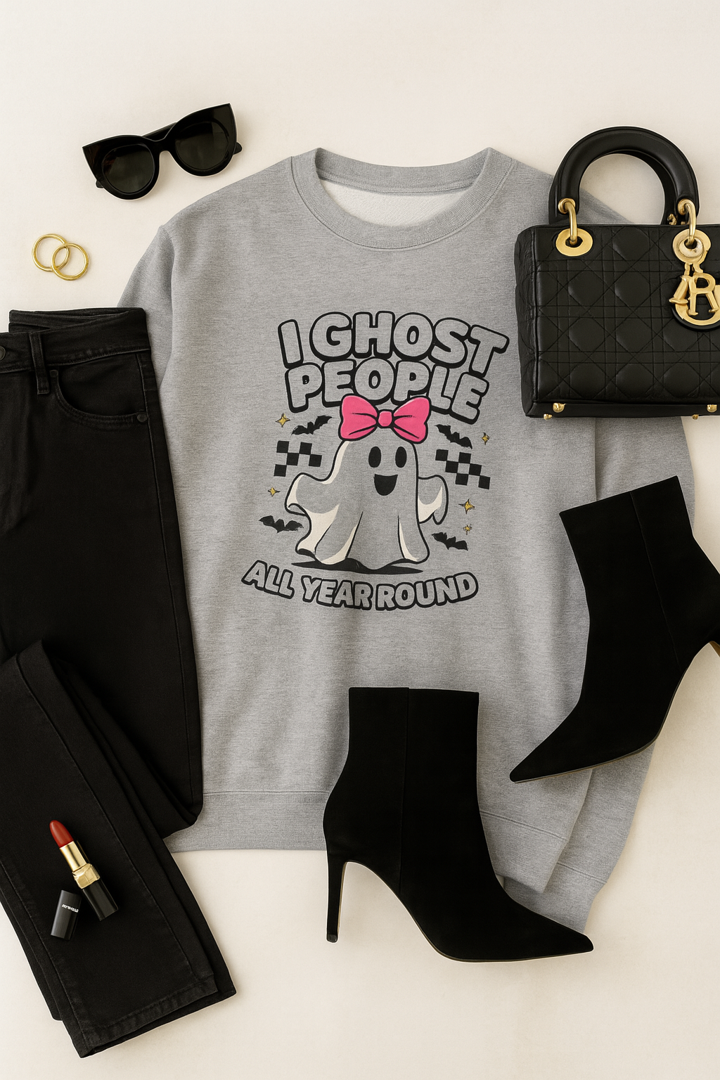 "I Ghost People All Year Round" Funny Halloween Sweatshirt β Cute Spooky Ghost Crewneck for Women β Cozy Fall Graphic Pullover