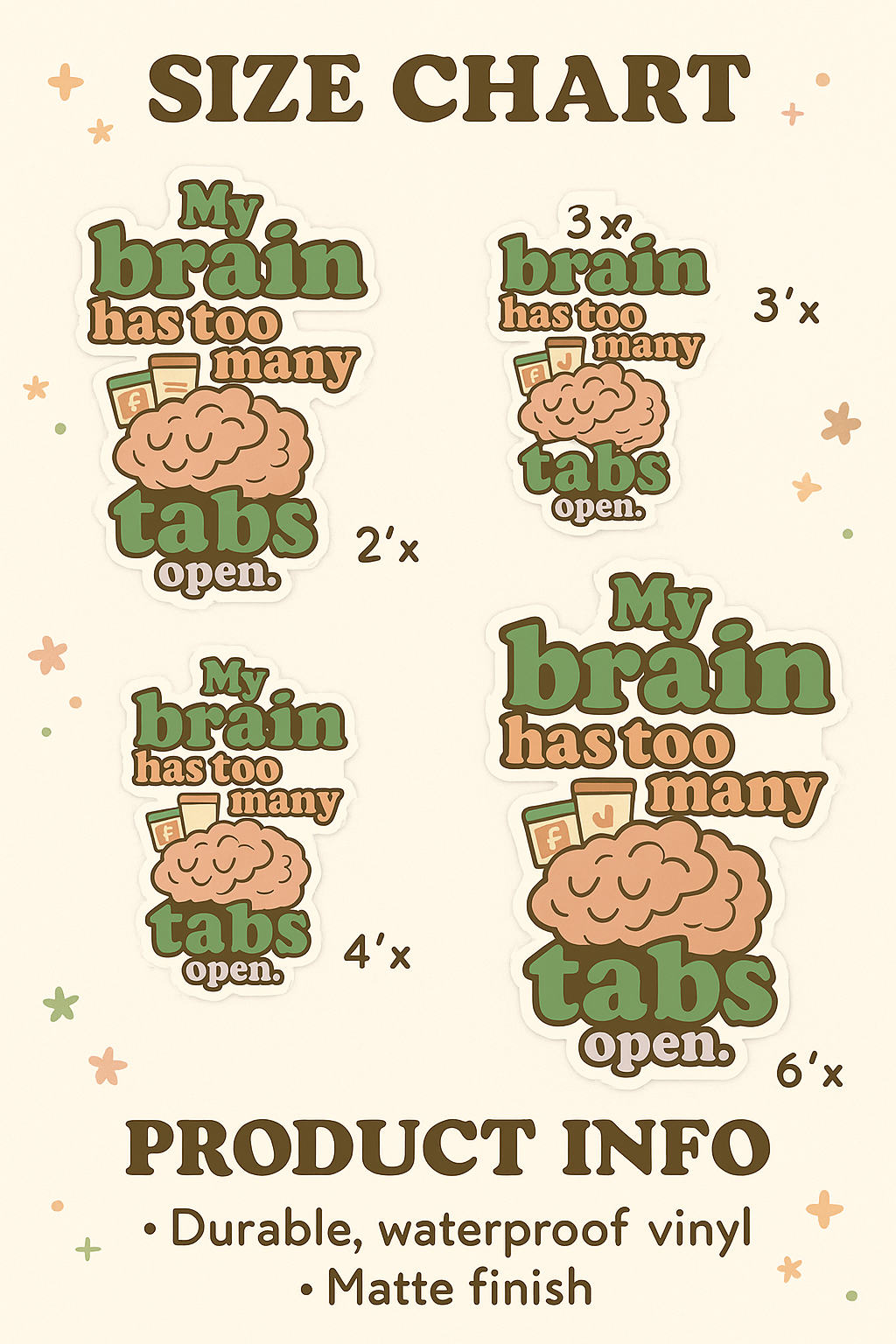 "My Brain Has Too Many Tabs Open" Kiss-Cut Sticker ā Cute Retro Vinyl, Matte Finish