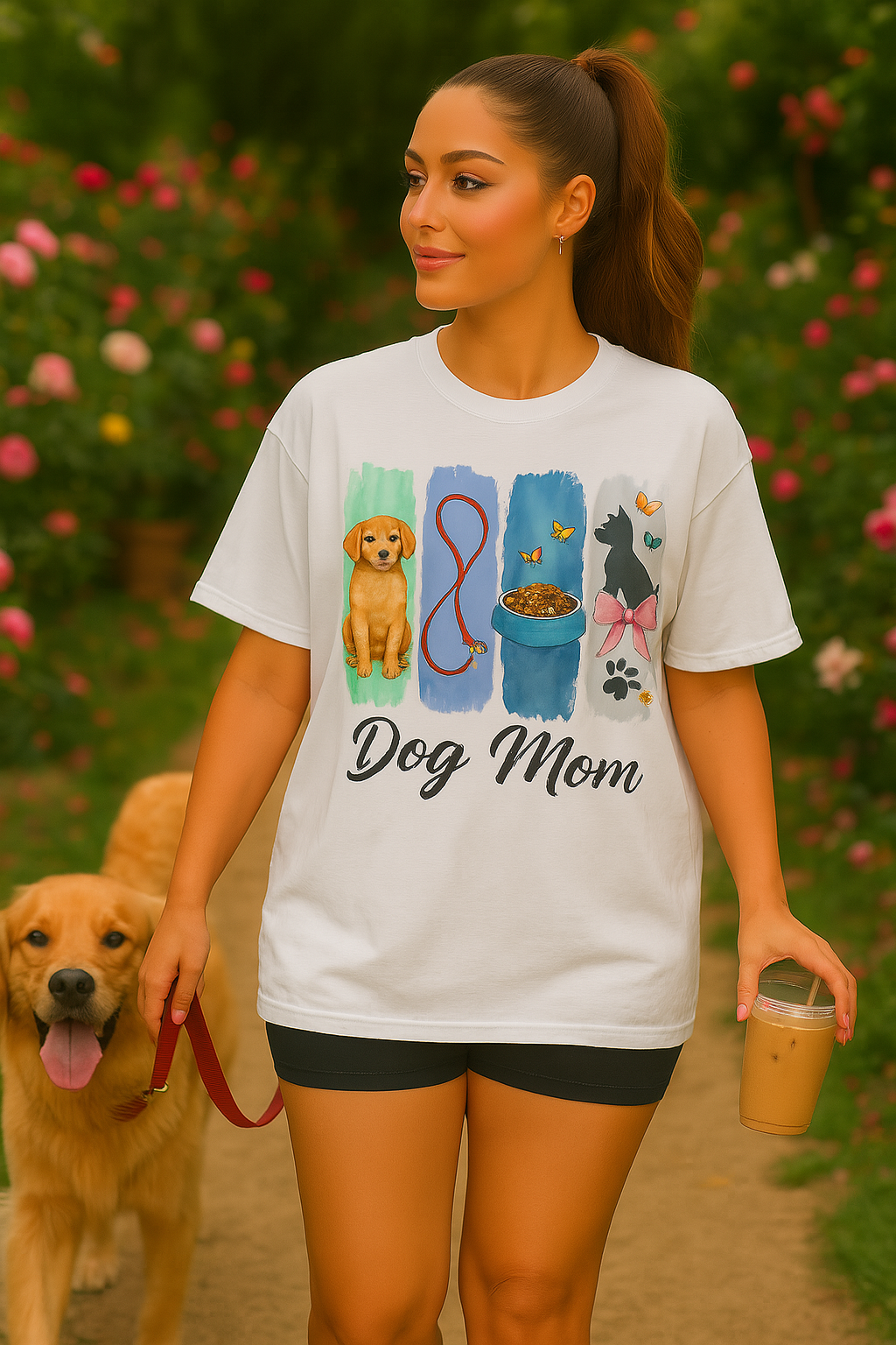 "Dog Mom T-Shirt β Cute Puppy Pet Lover Tee with Leash, Bowl & Bow Silhouette | Gift for Dog Lovers & Fur Moms"