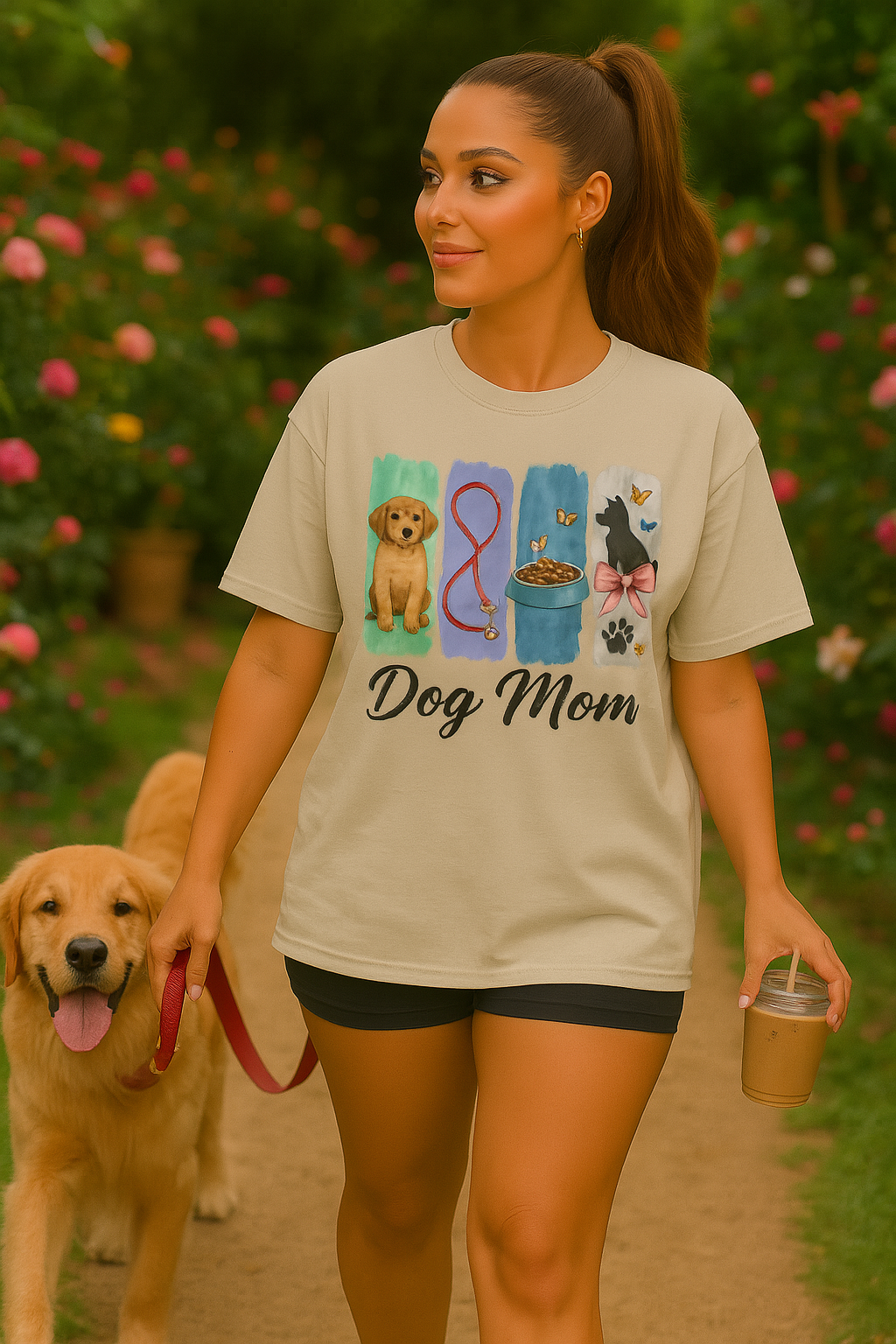 "Dog Mom T-Shirt β Cute Puppy Pet Lover Tee with Leash, Bowl & Bow Silhouette | Gift for Dog Lovers & Fur Moms"