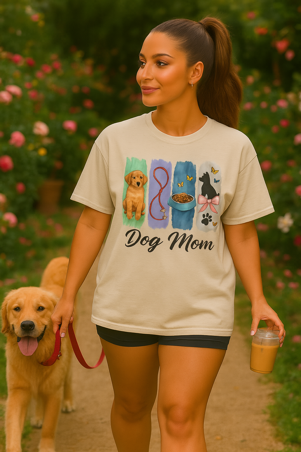 "Dog Mom T-Shirt β Cute Puppy Pet Lover Tee with Leash, Bowl & Bow Silhouette | Gift for Dog Lovers & Fur Moms"