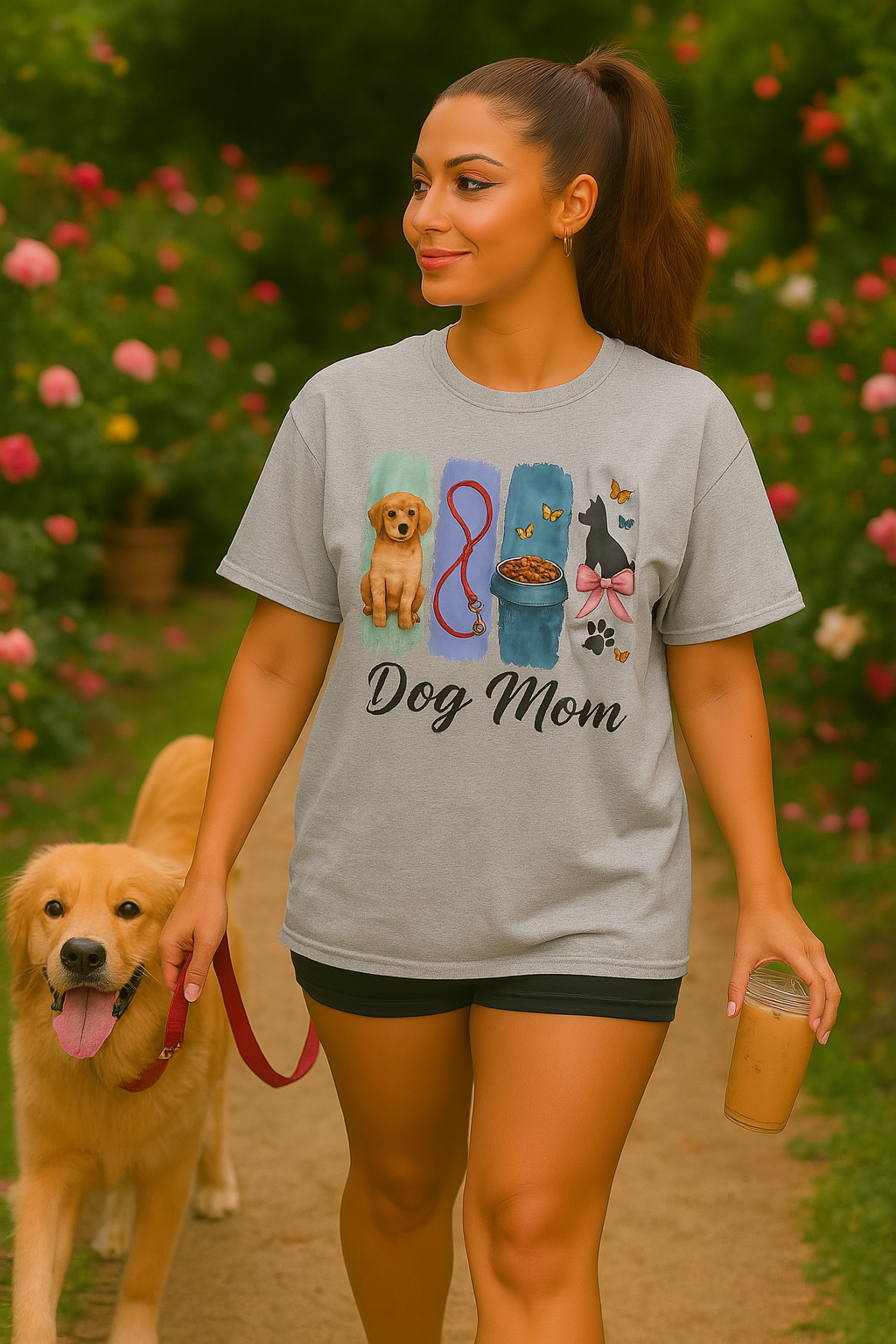 "Dog Mom T-Shirt β Cute Puppy Pet Lover Tee with Leash, Bowl & Bow Silhouette | Gift for Dog Lovers & Fur Moms"