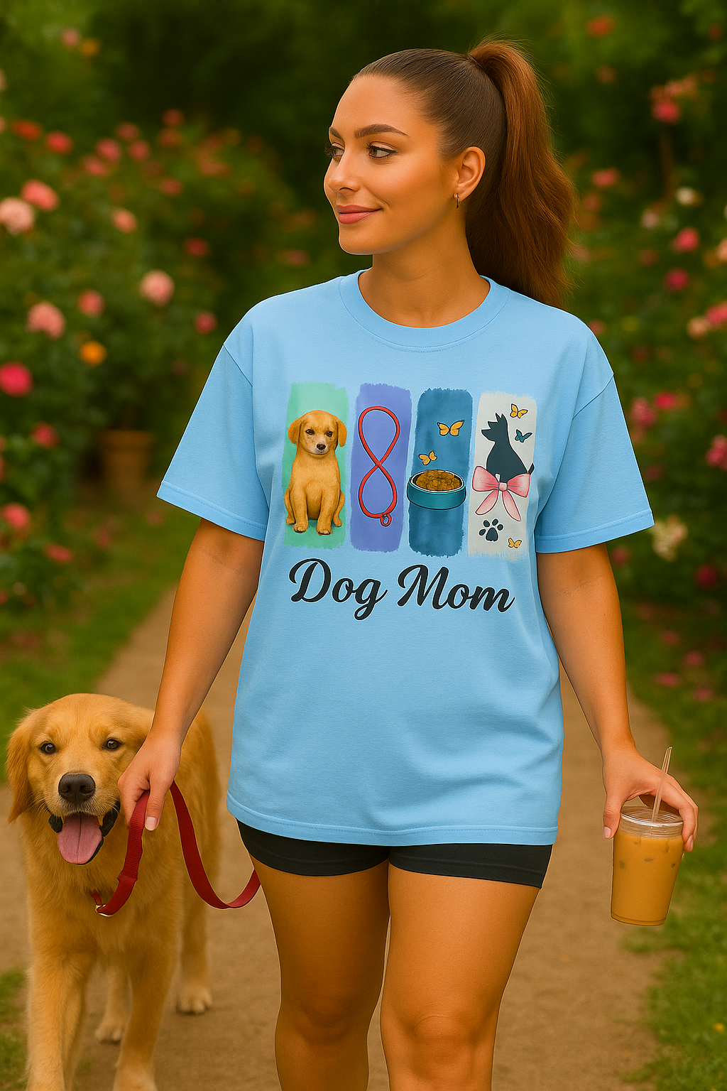 "Dog Mom T-Shirt β Cute Puppy Pet Lover Tee with Leash, Bowl & Bow Silhouette | Gift for Dog Lovers & Fur Moms"