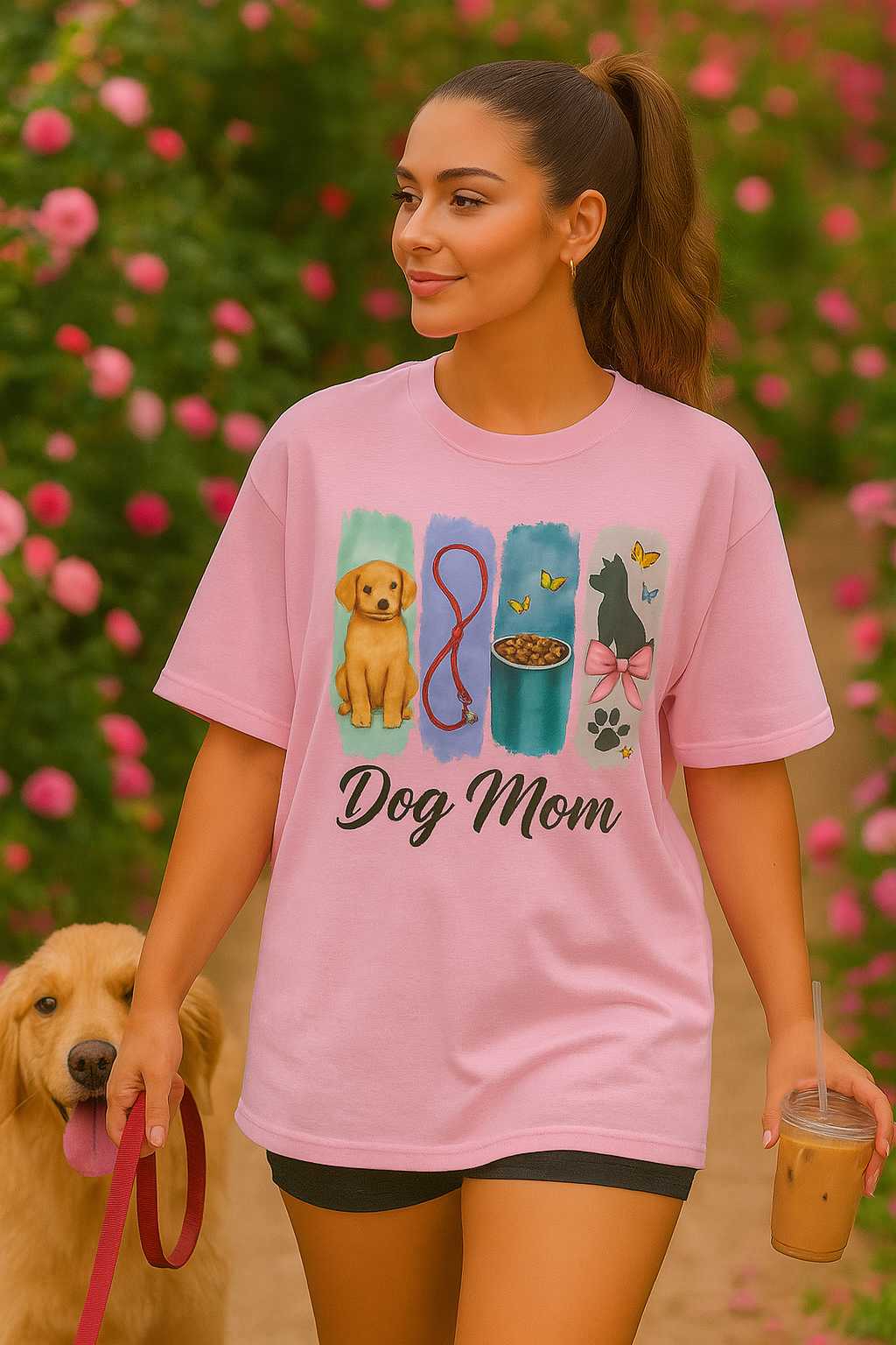 "Dog Mom T-Shirt β Cute Puppy Pet Lover Tee with Leash, Bowl & Bow Silhouette | Gift for Dog Lovers & Fur Moms"