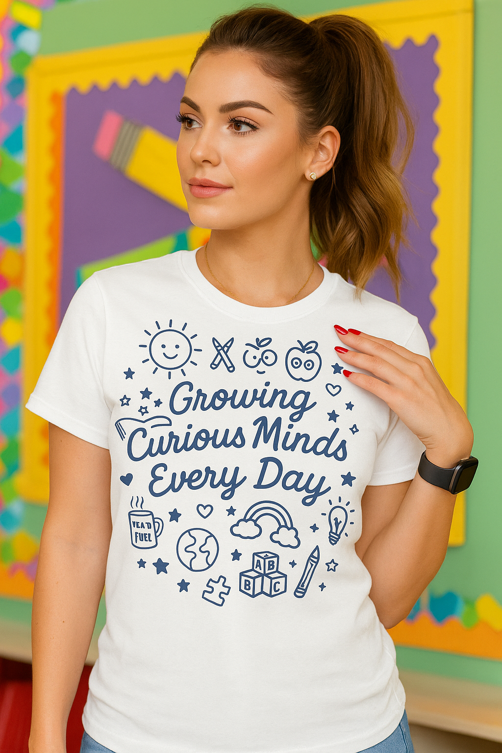 “Growing Curious Minds Every Day – Teacher Graphic Tee for Classroom, Back to School, Preschool, Kindergarten”
