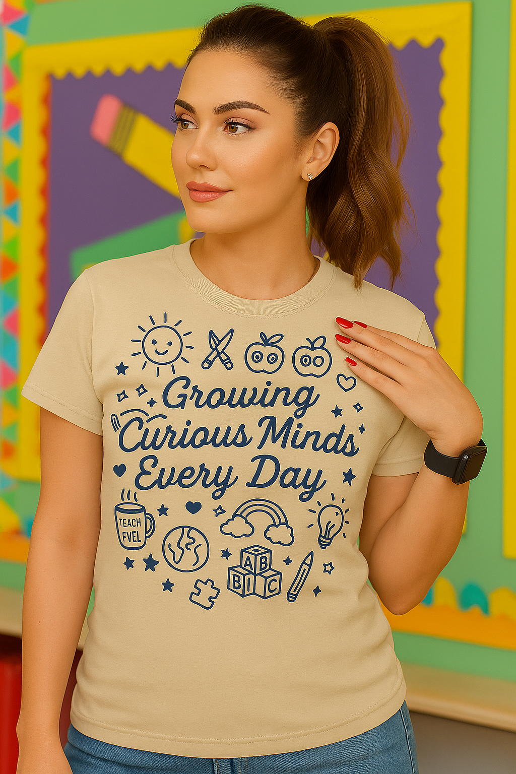 “Growing Curious Minds Every Day – Teacher Graphic Tee for Classroom, Back to School, Preschool, Kindergarten”