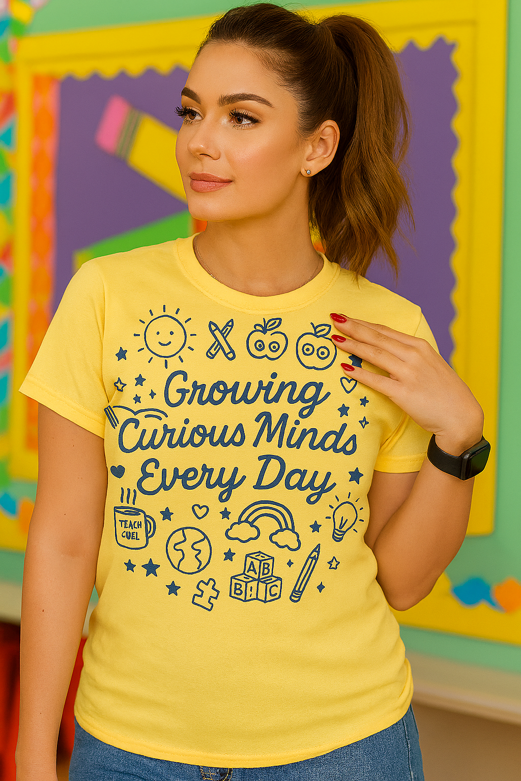 “Growing Curious Minds Every Day – Teacher Graphic Tee for Classroom, Back to School, Preschool, Kindergarten”