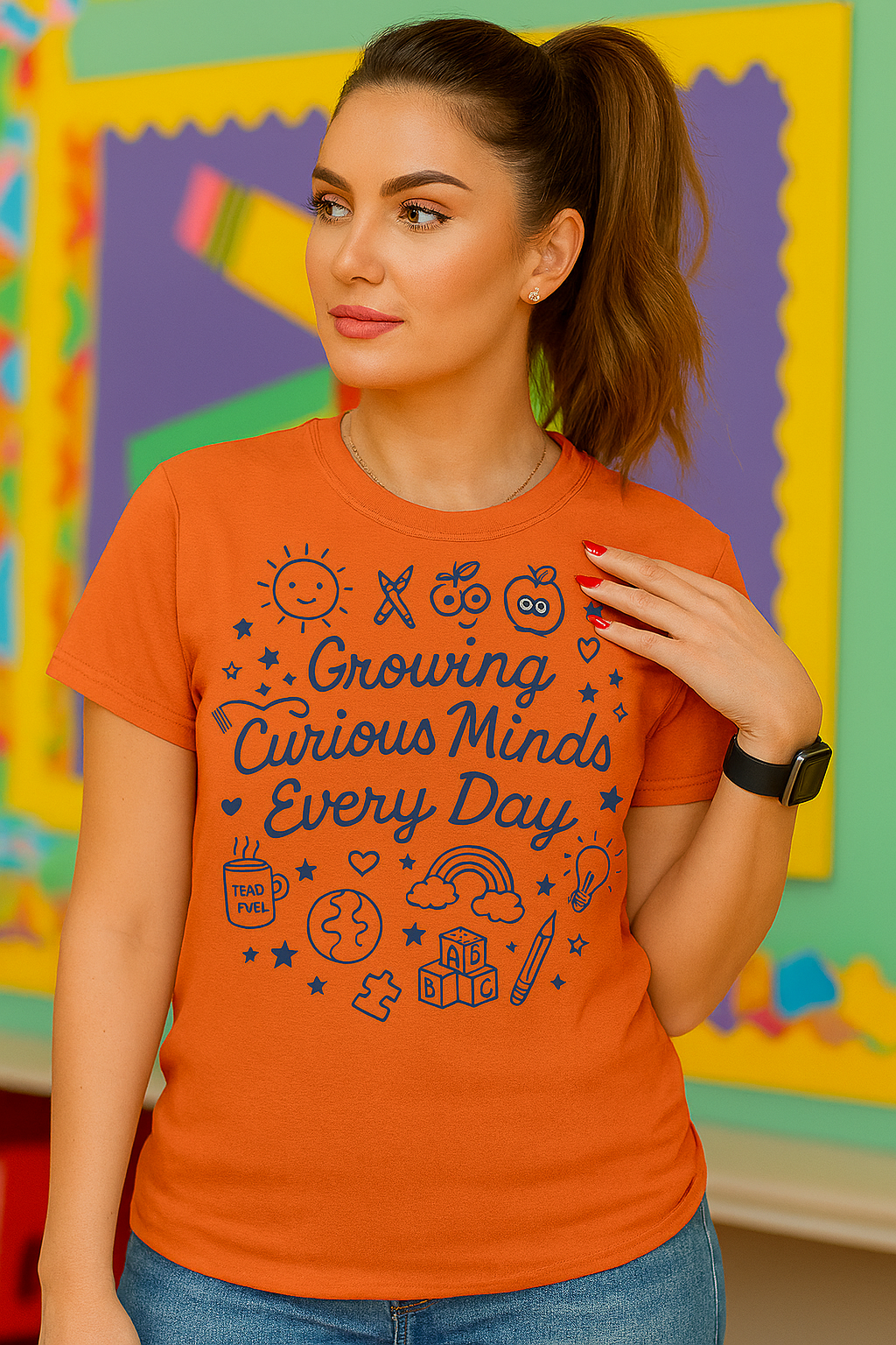 “Growing Curious Minds Every Day – Teacher Graphic Tee for Classroom, Back to School, Preschool, Kindergarten”