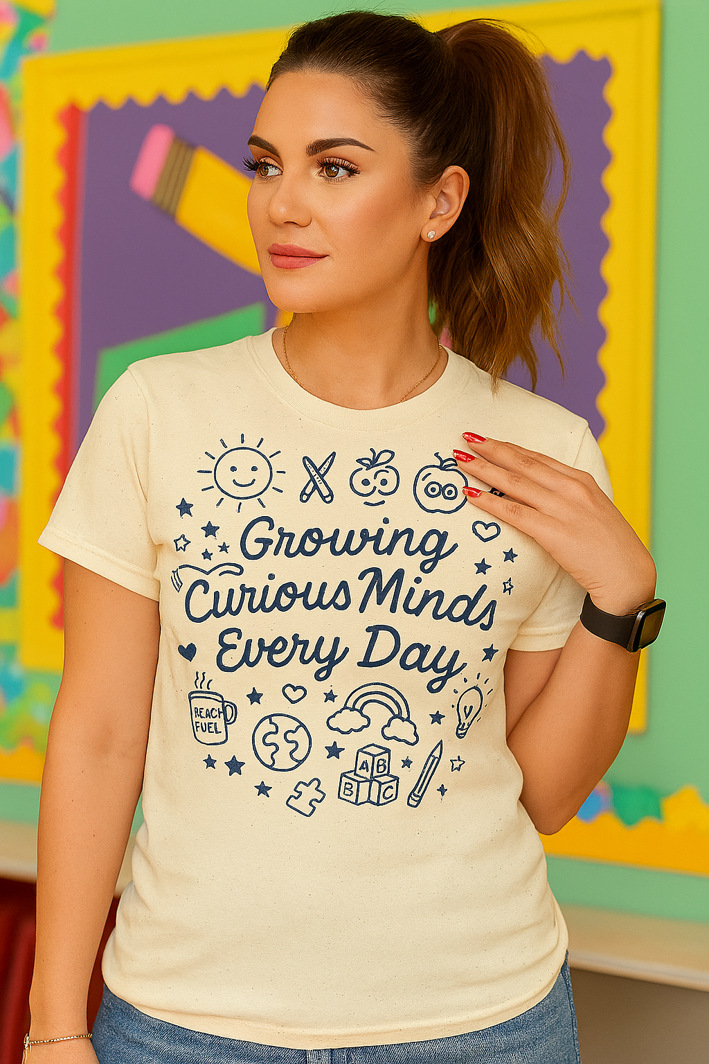 “Growing Curious Minds Every Day – Teacher Graphic Tee for Classroom, Back to School, Preschool, Kindergarten”