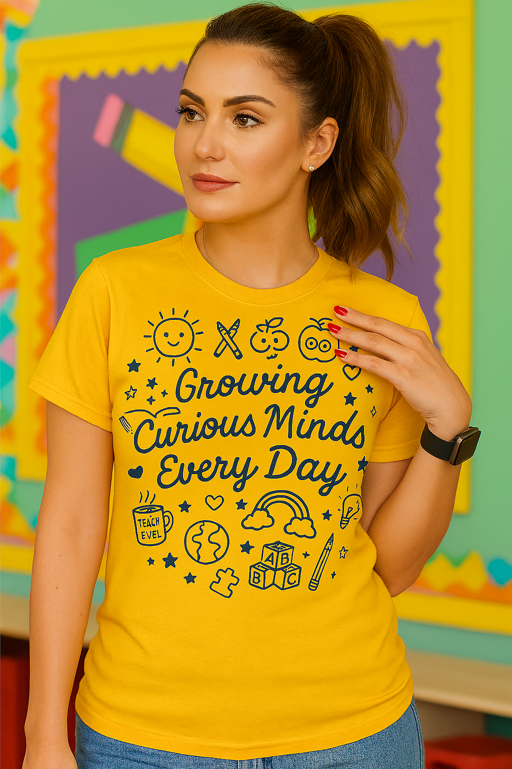 “Growing Curious Minds Every Day – Teacher Graphic Tee for Classroom, Back to School, Preschool, Kindergarten”