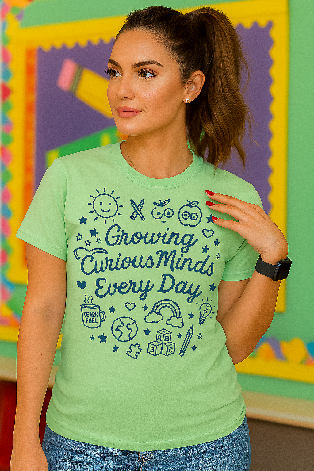 “Growing Curious Minds Every Day – Teacher Graphic Tee for Classroom, Back to School, Preschool, Kindergarten”