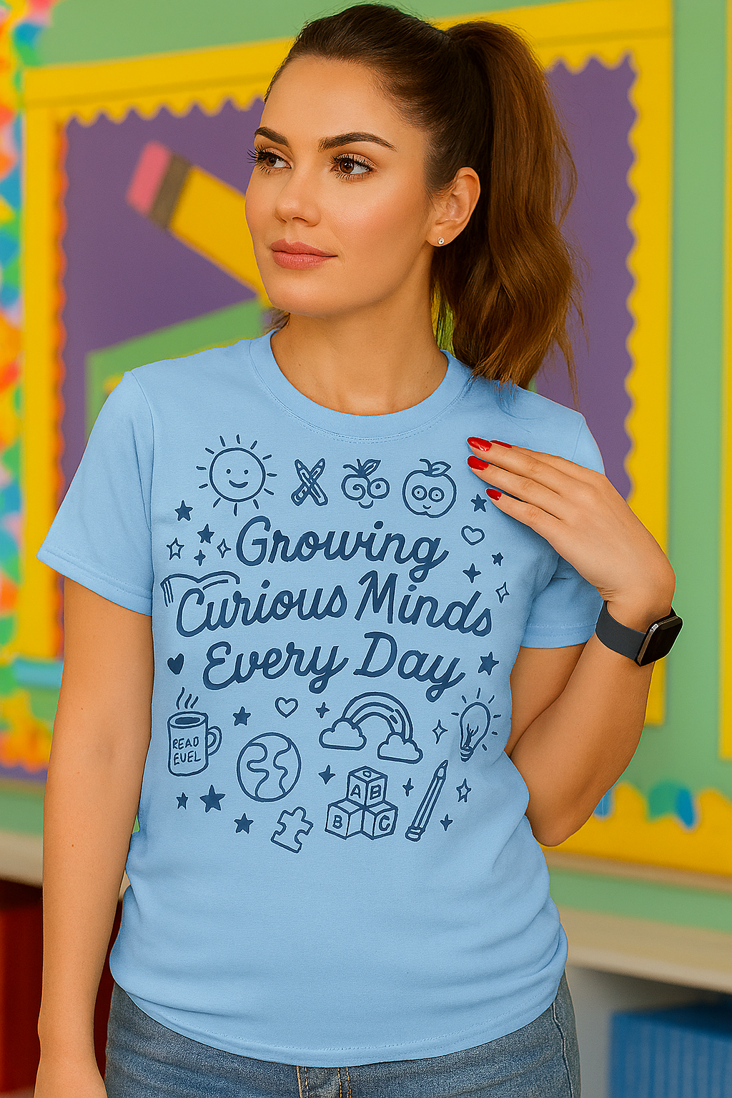 “Growing Curious Minds Every Day – Teacher Graphic Tee for Classroom, Back to School, Preschool, Kindergarten”