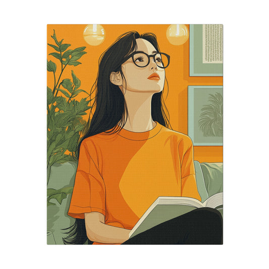 Contemplative Reader: Modern Minimalist Art of a Girl with a Book in Cozy Orange Ambiance Cozy Home Decor Wall Art